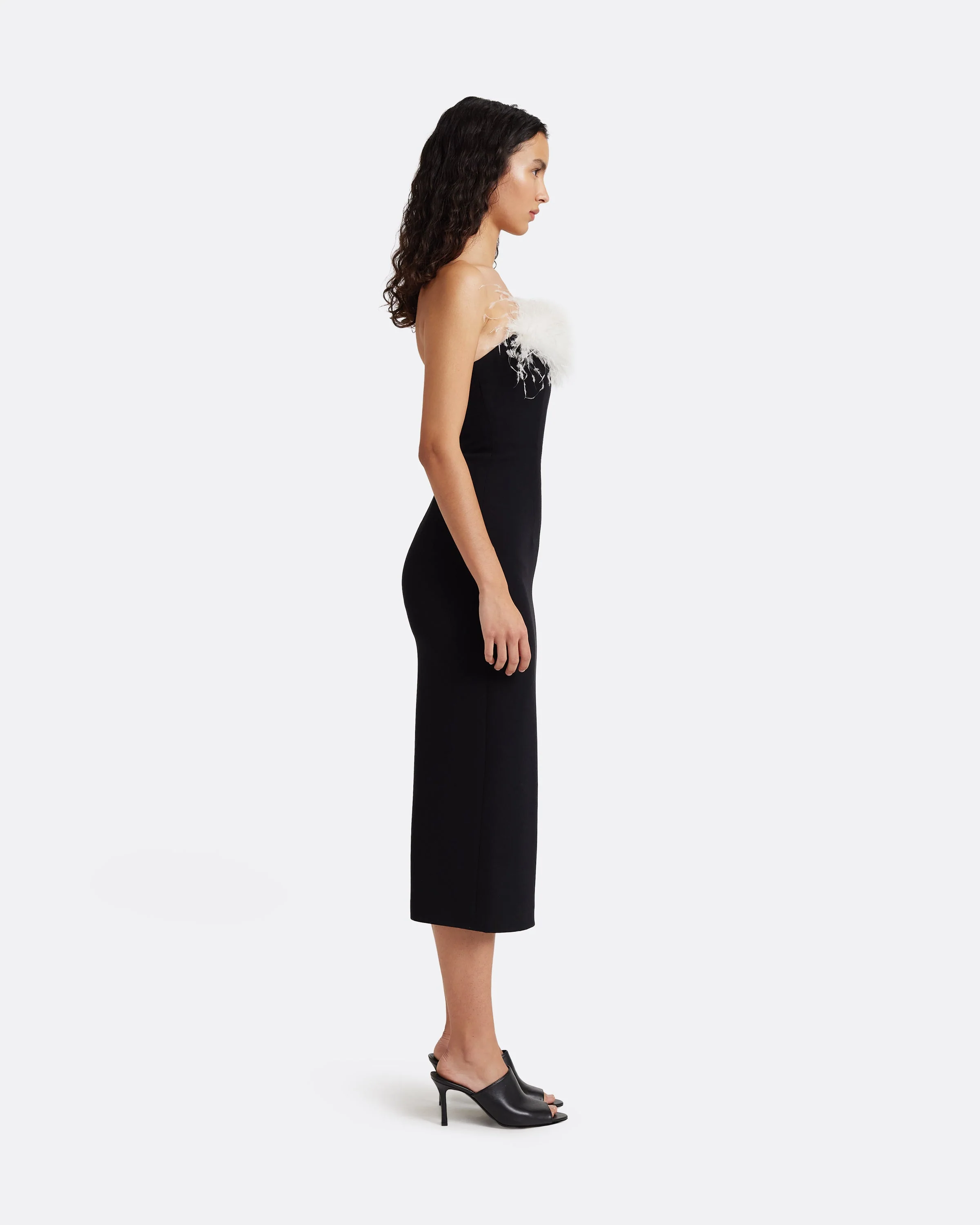 Aerine Midi Dress in Black with Feathers - Image 4