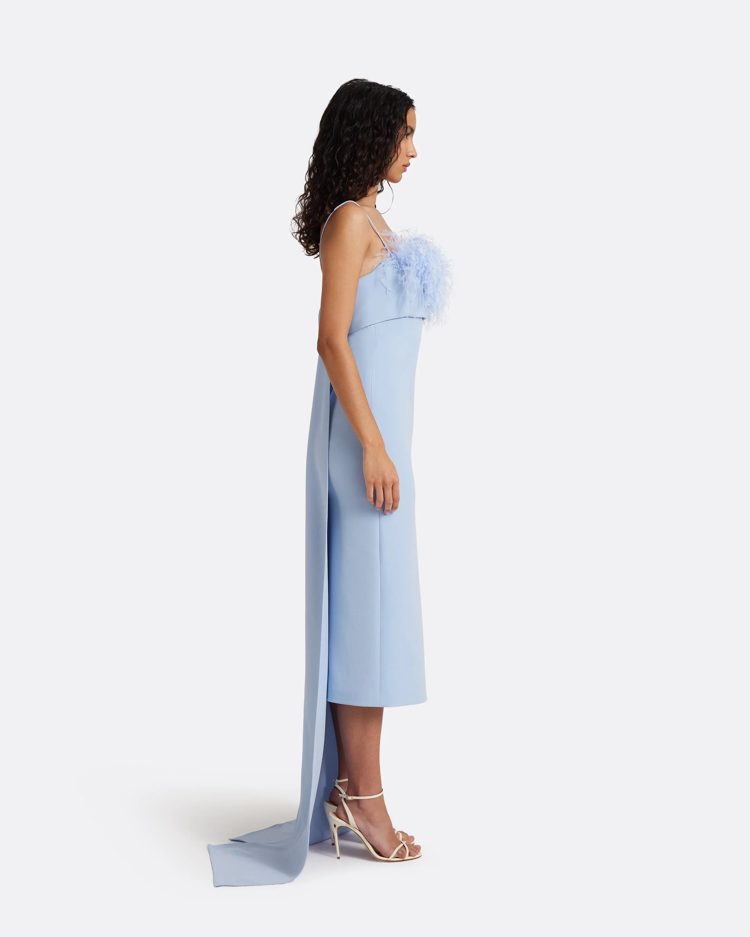 Krista Harness with Aerine Midi Dress in Soft Sky with Feathers - Image 4