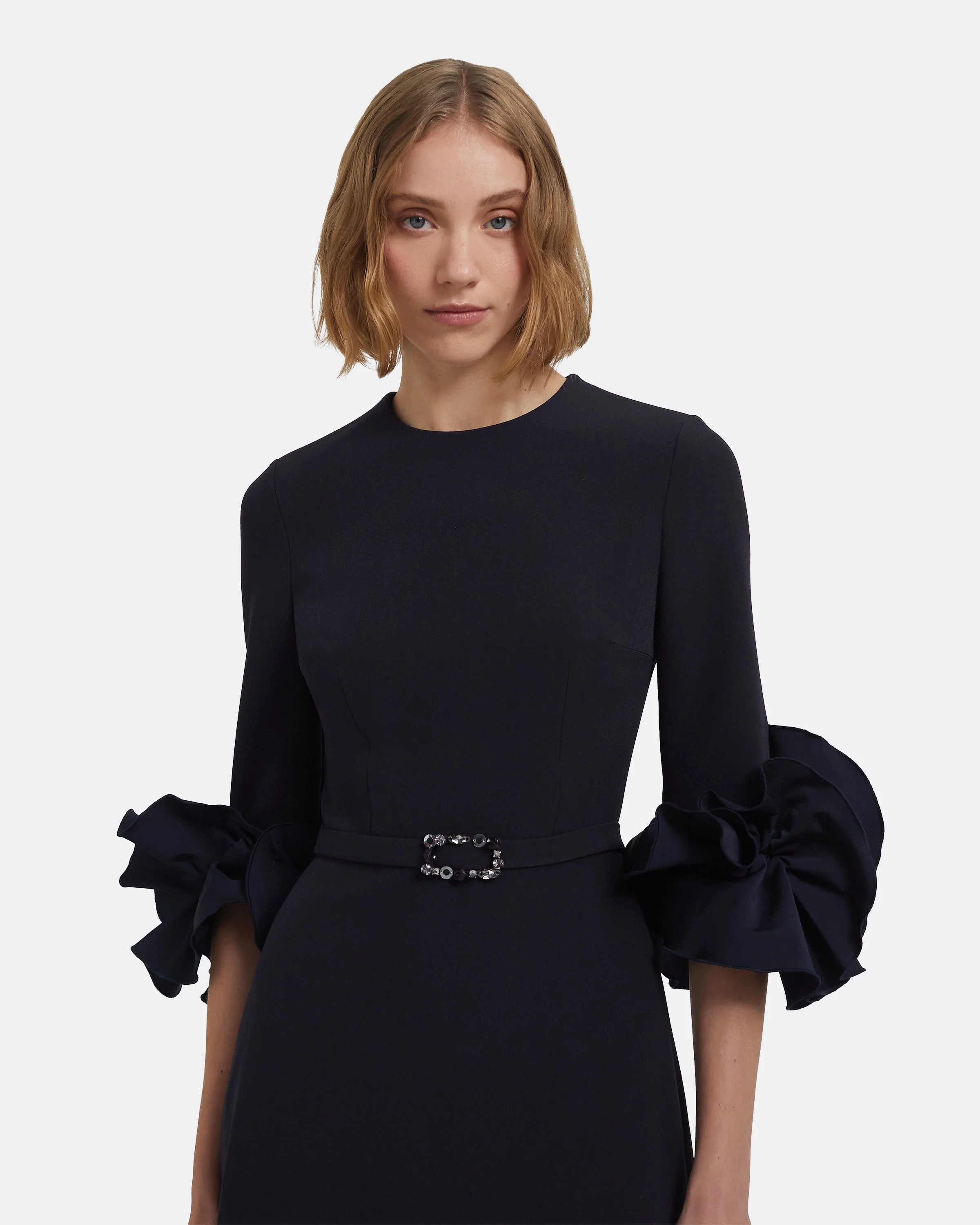 Belen Long Dress in Midnight Navy with Embellished Belt - Image 3