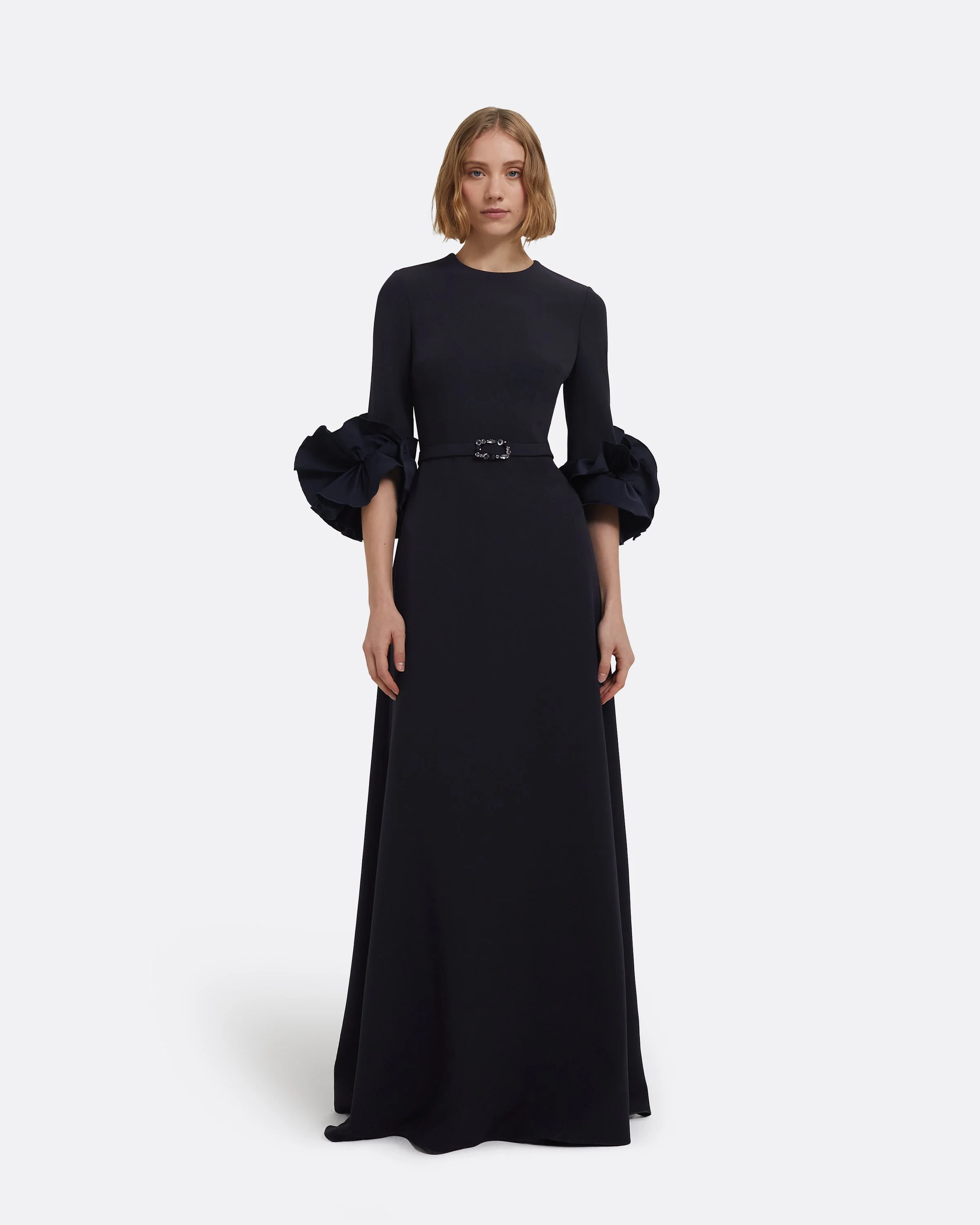 Belen Long Dress in Midnight Navy with Embellished Belt - Image 6