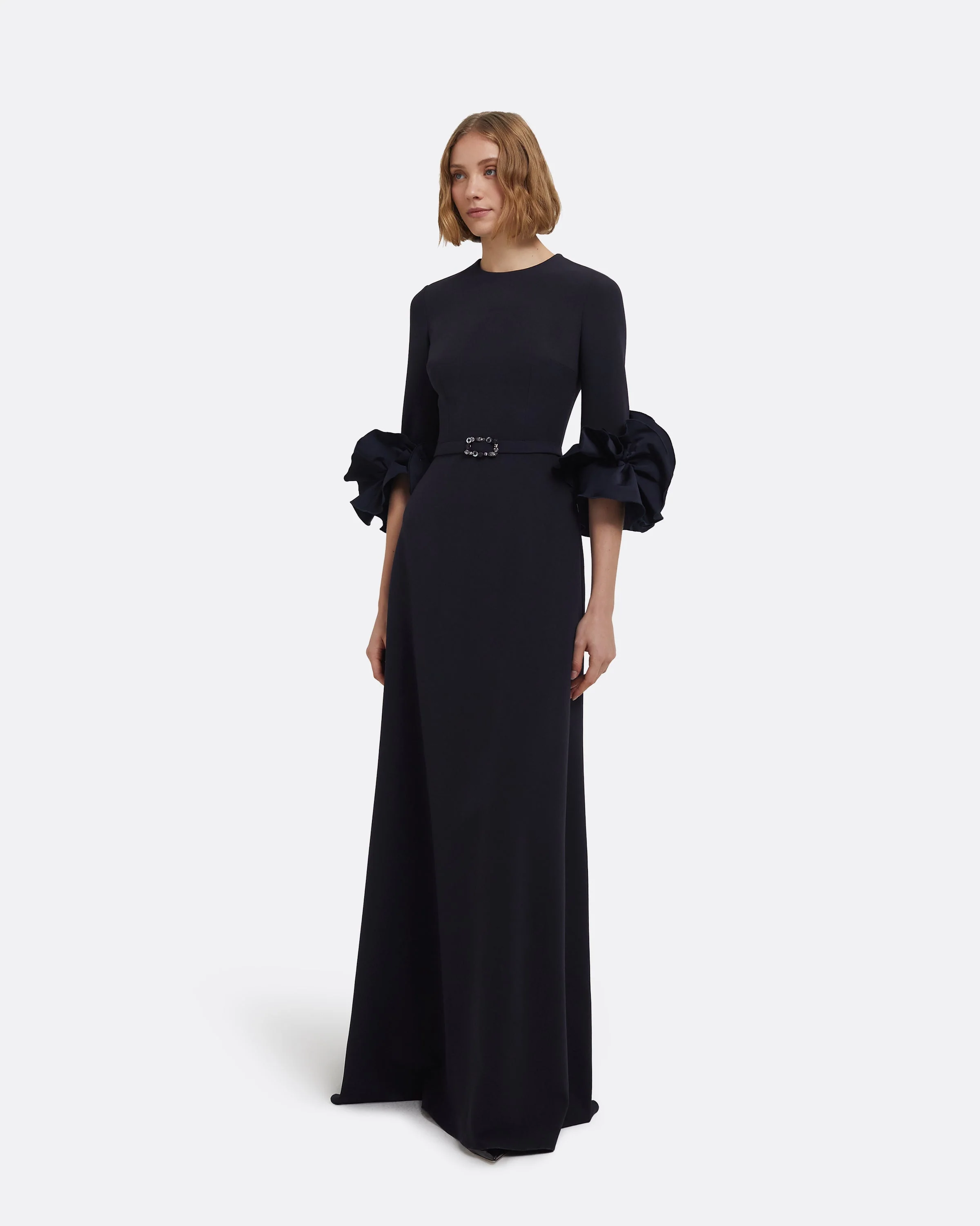 Belen Long Dress in Midnight Navy with Embellished Belt - Image 9