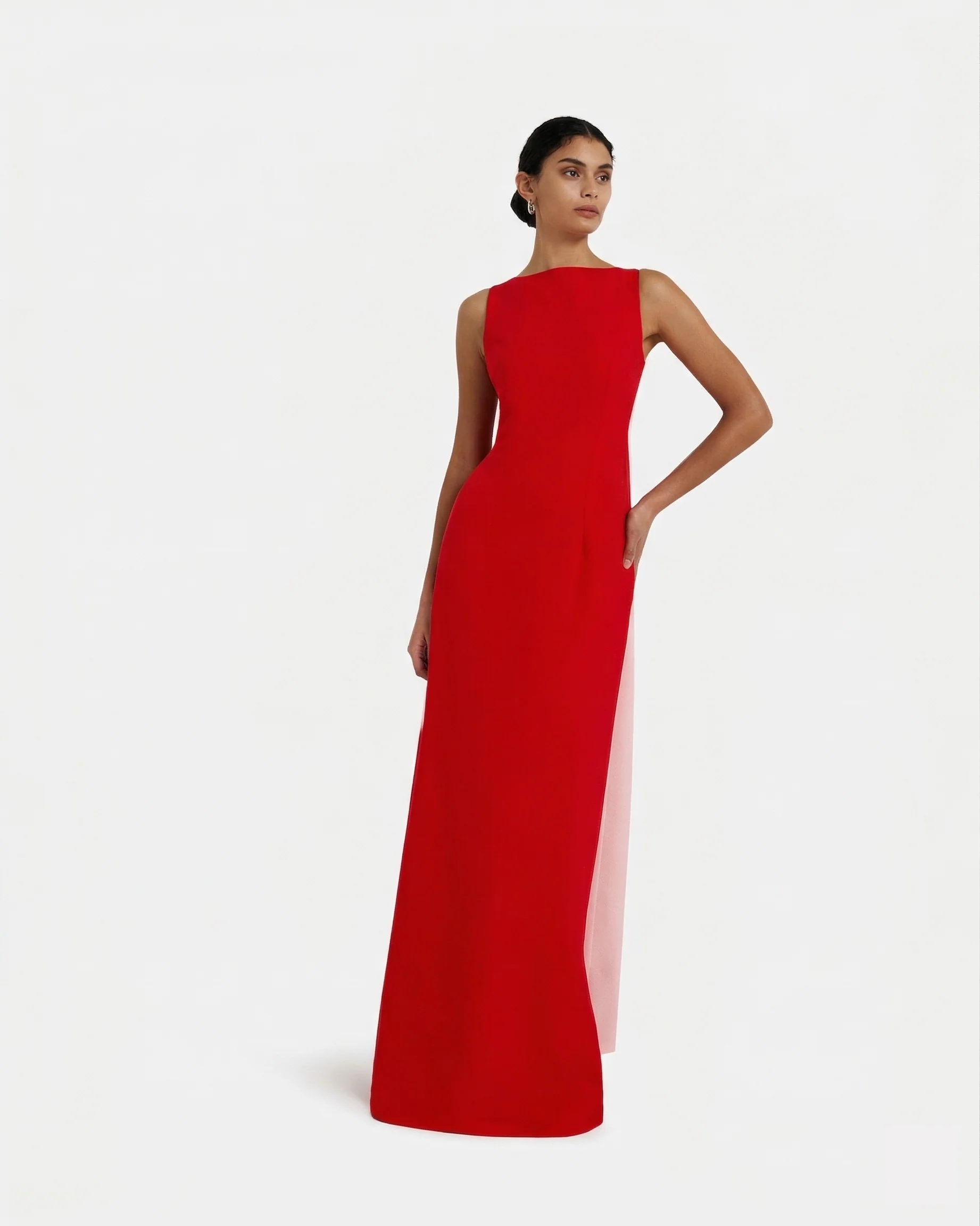 Celestia Long Dress in Cherry Red & Pale Pink - Image 9