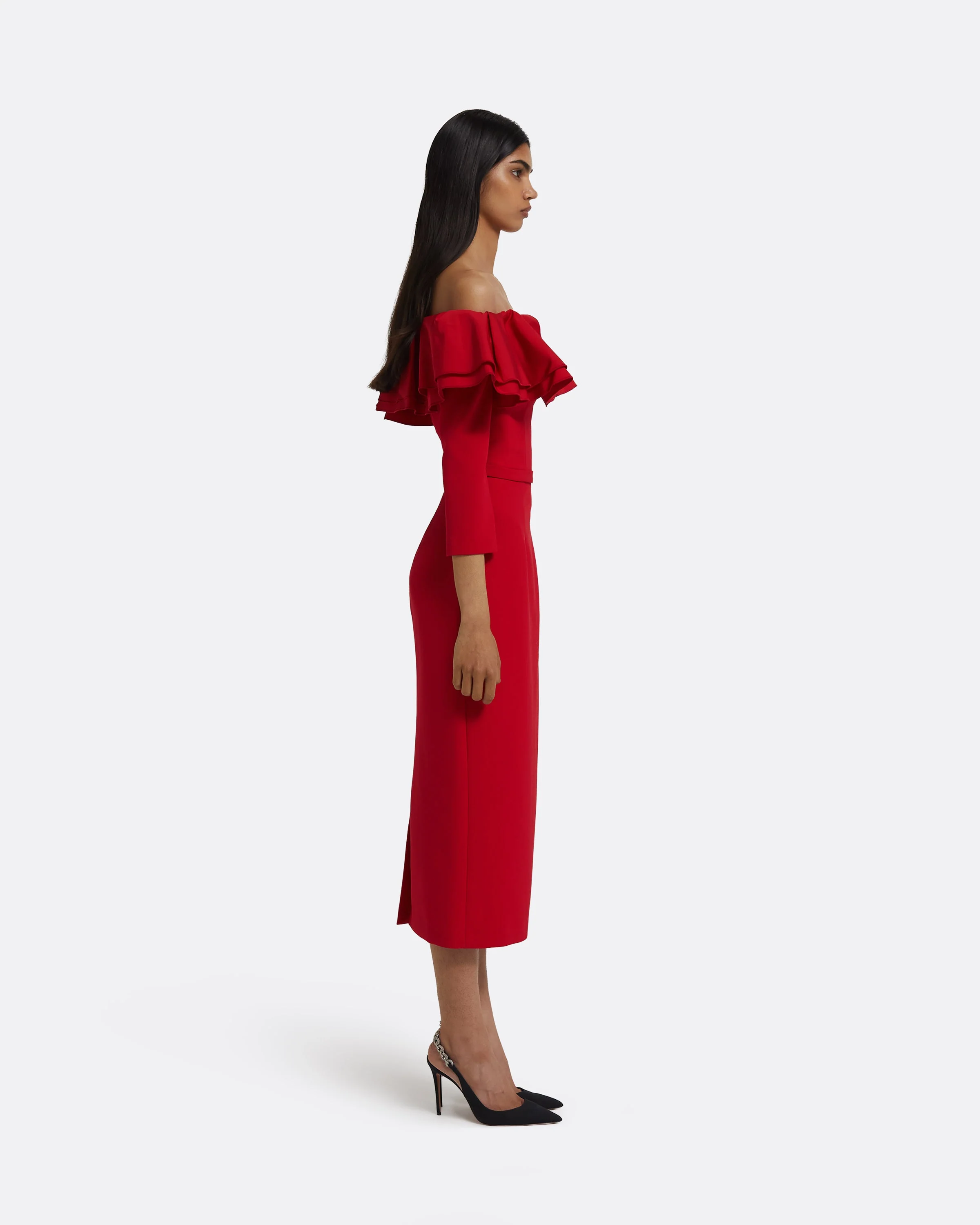 Dorian Midi Dress in Lacquer Red on Crimson - Image 4