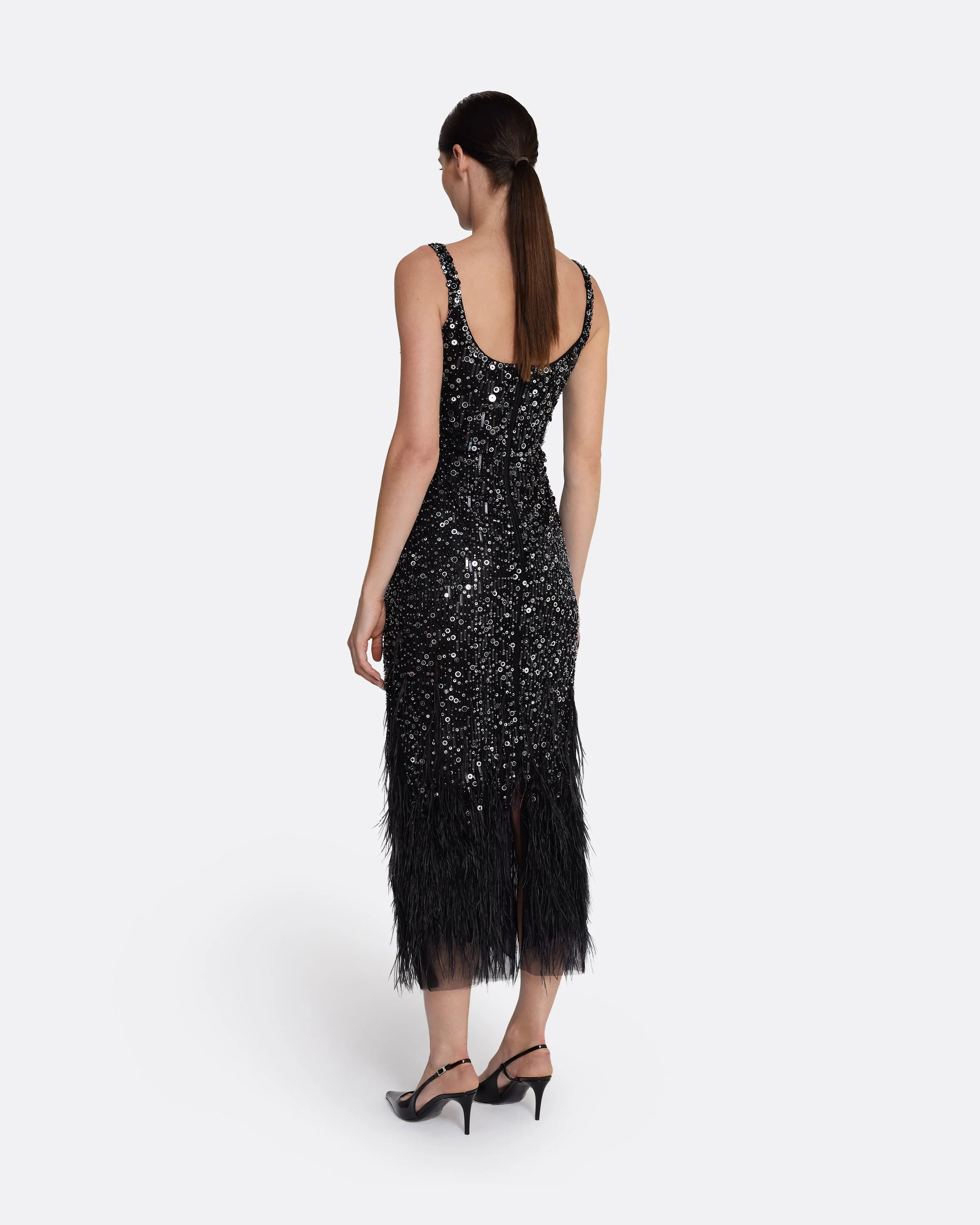 Federica Midi Dress in Black with Feather Embellishment - Image 2