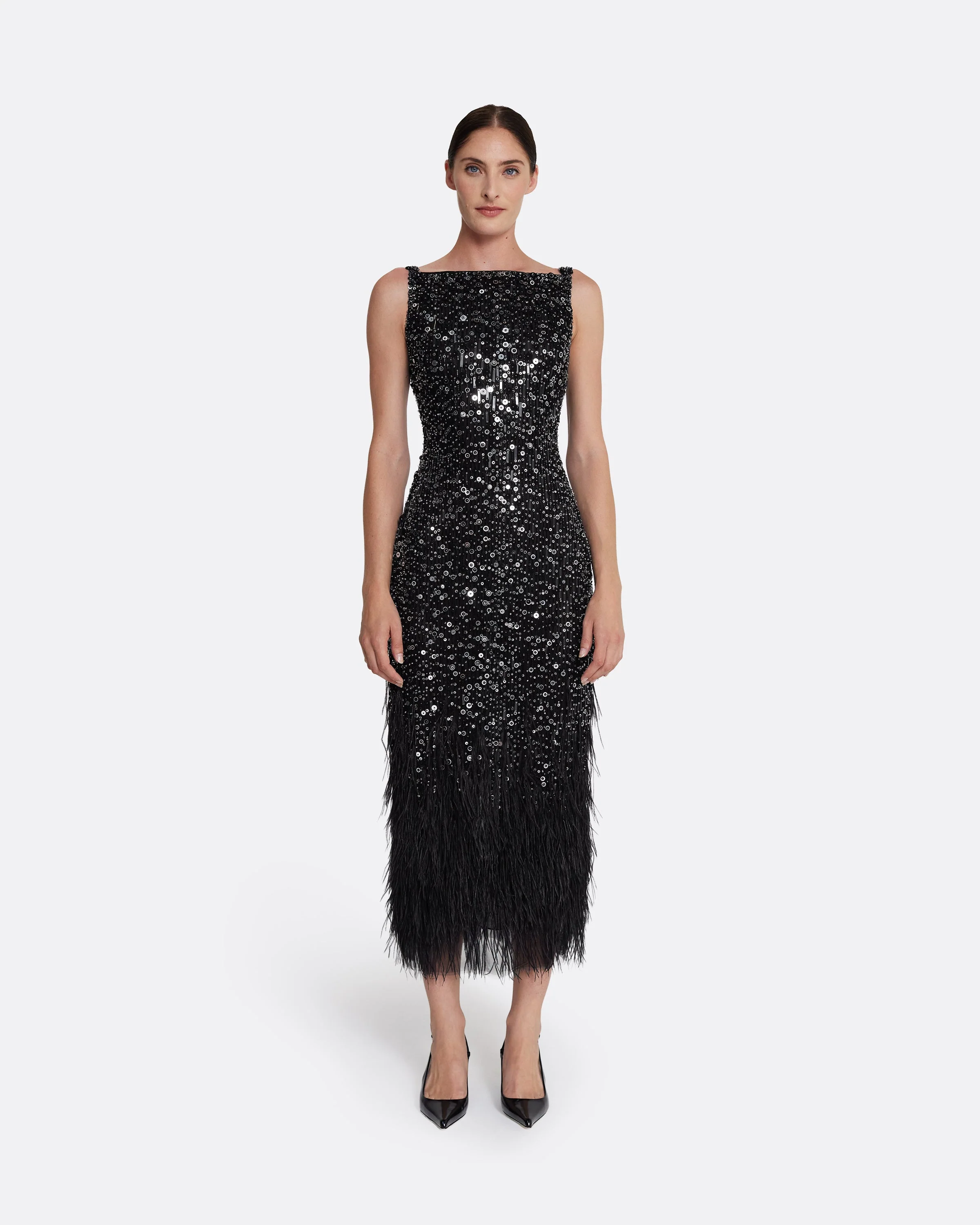 Federica Midi Dress in Black with Feather Embellishment - Image 6