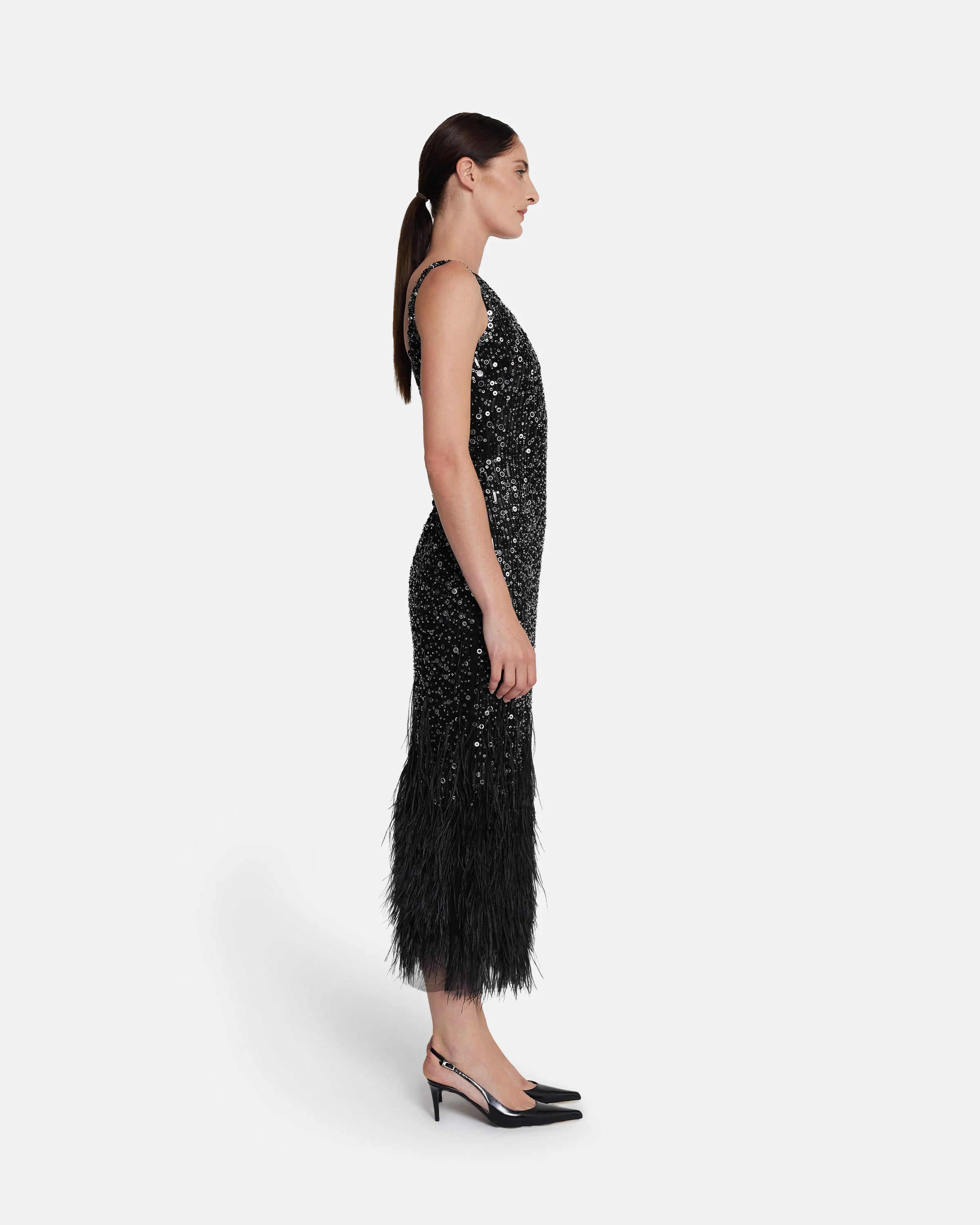Federica Midi Dress in Black with Feather Embellishment - Image 9