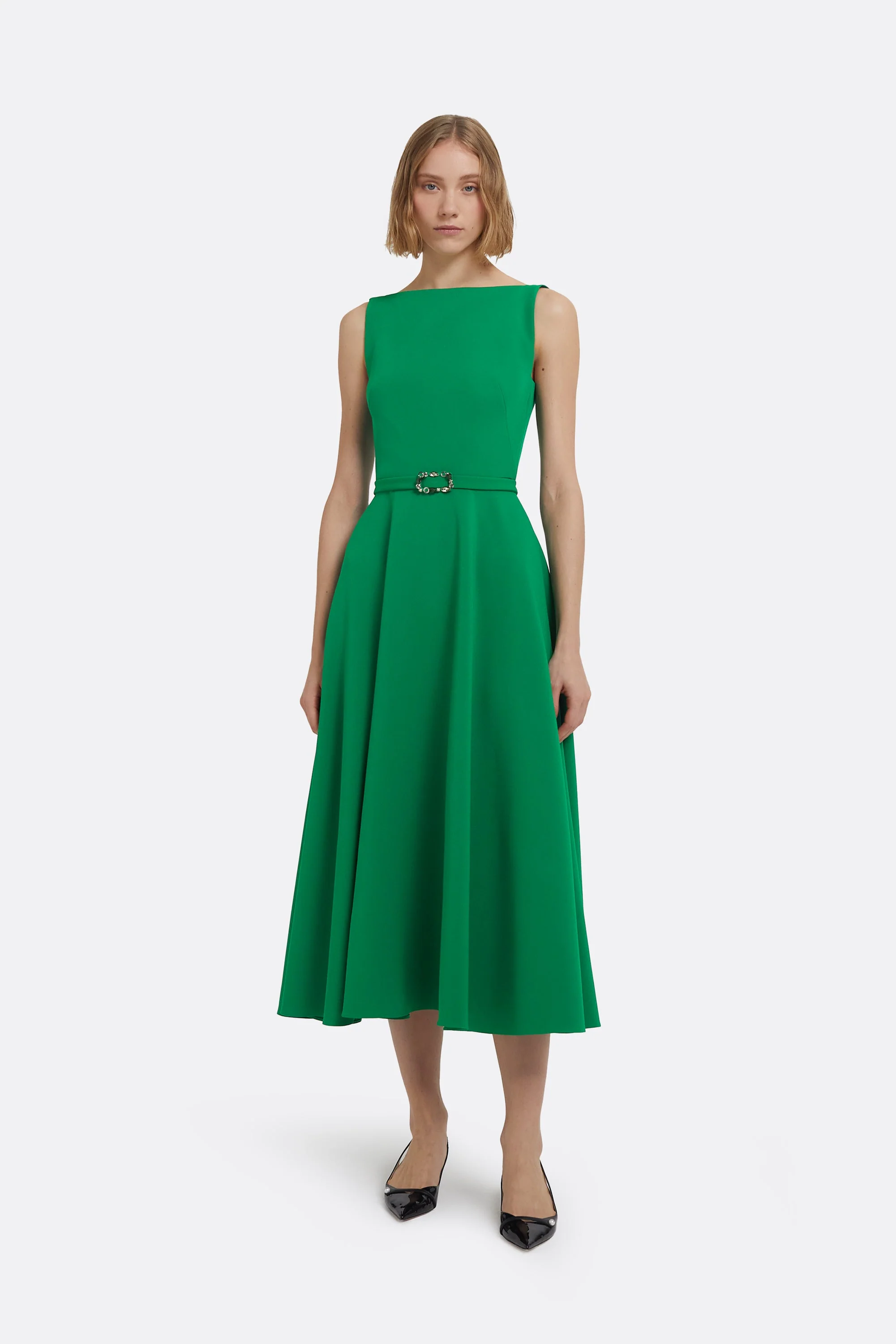 Ginny Midi Dress in Jewel Green with Embellished Belt - Image 11