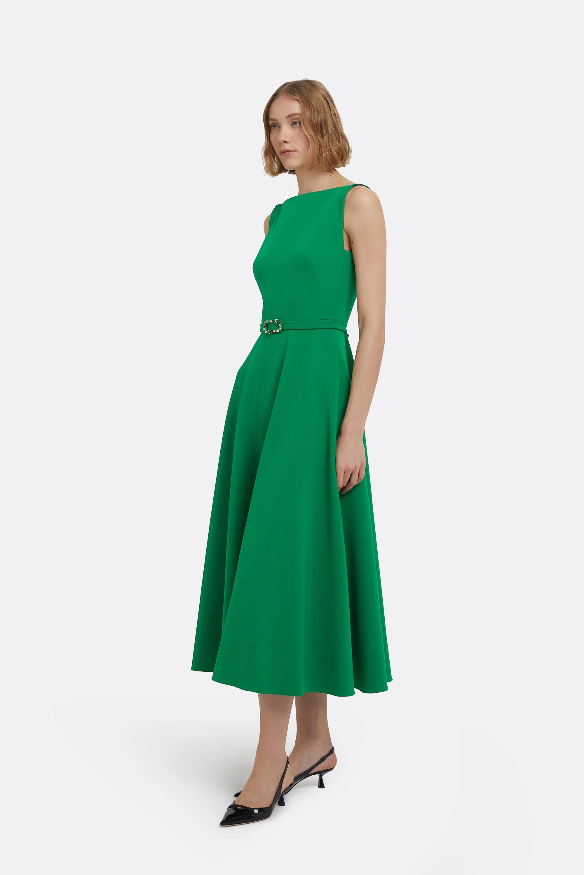 Ginny Midi Dress in Jewel Green with Embellished Belt - Image 14