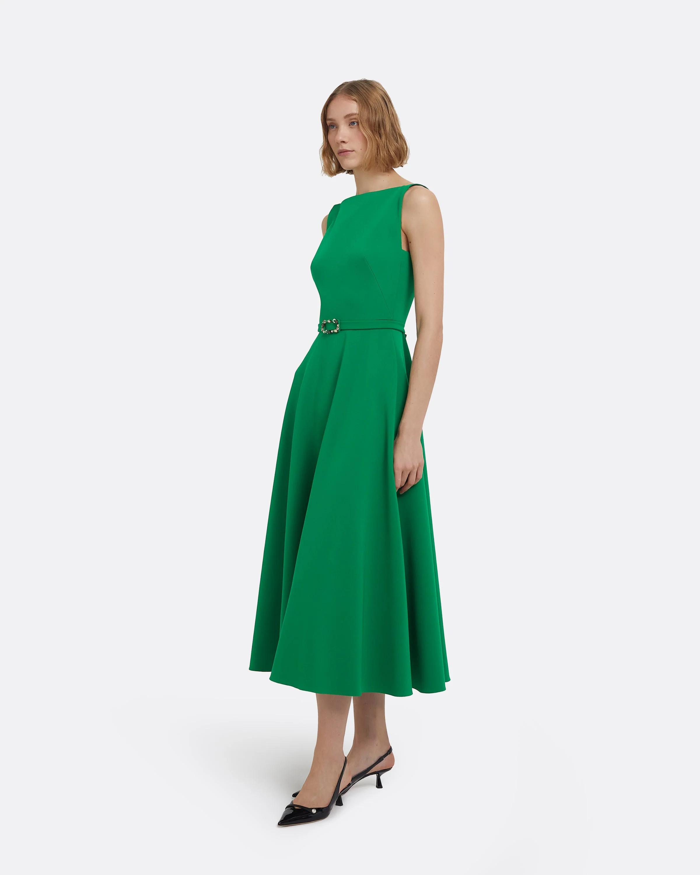 Ginny Midi Dress in Jewel Green with Embellished Belt - Image 4