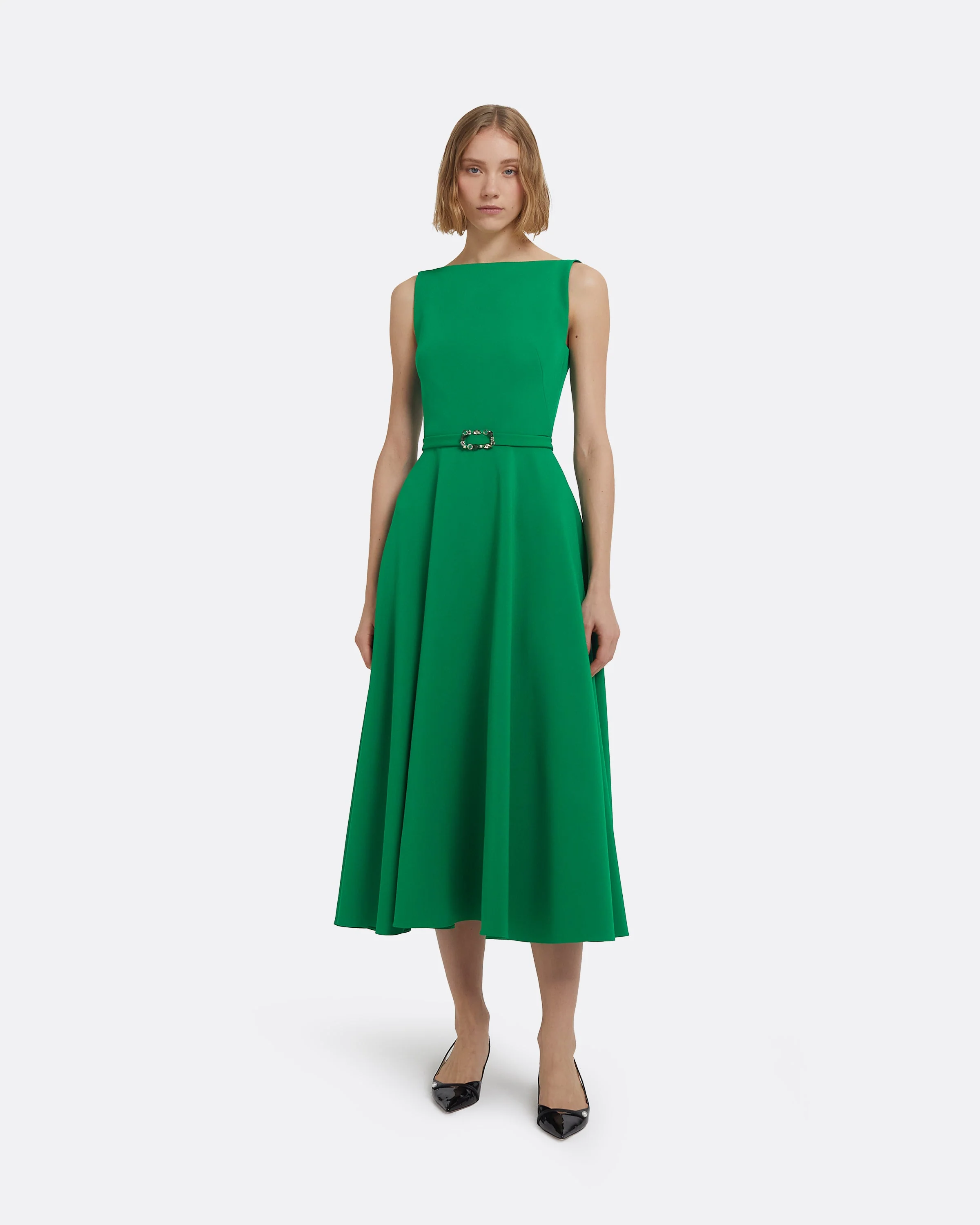 Ginny Midi Dress in Jewel Green with Embellished Belt - Image 6