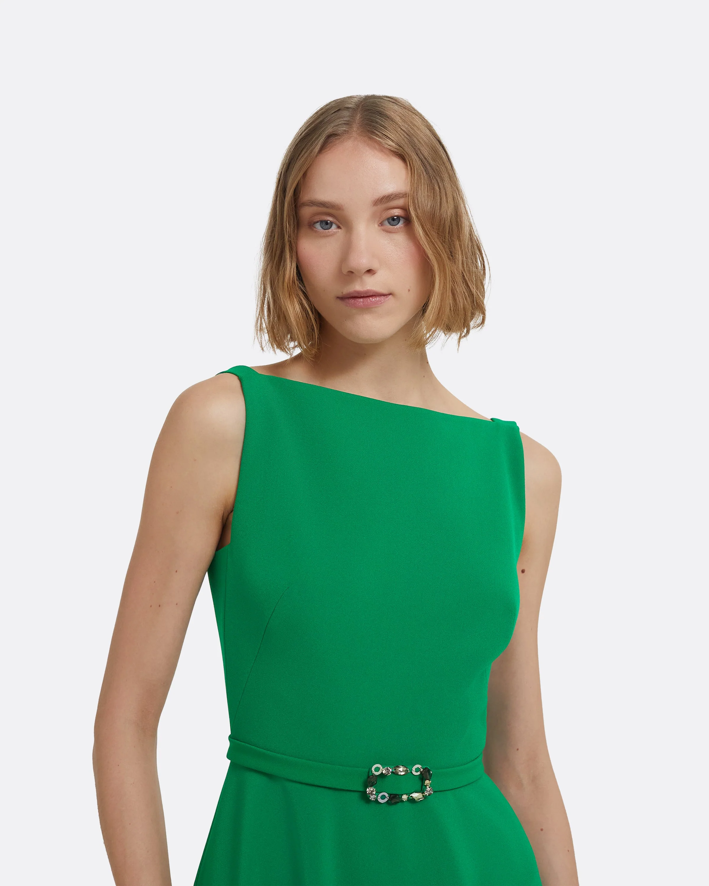 Ginny Midi Dress in Jewel Green with Embellished Belt - Image 8