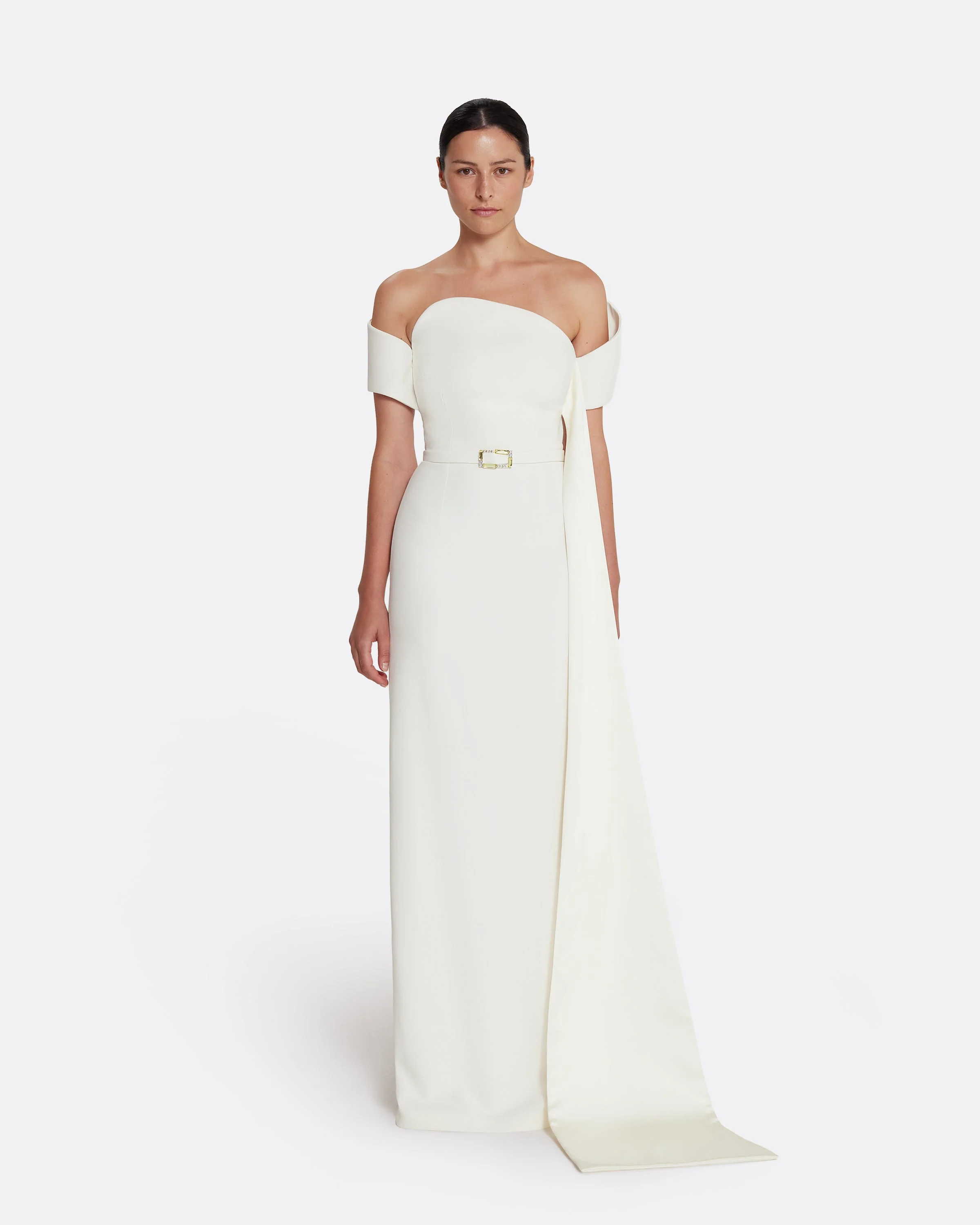 Giorgia Long Dress in Ivory with Embellished Belt - Image 6