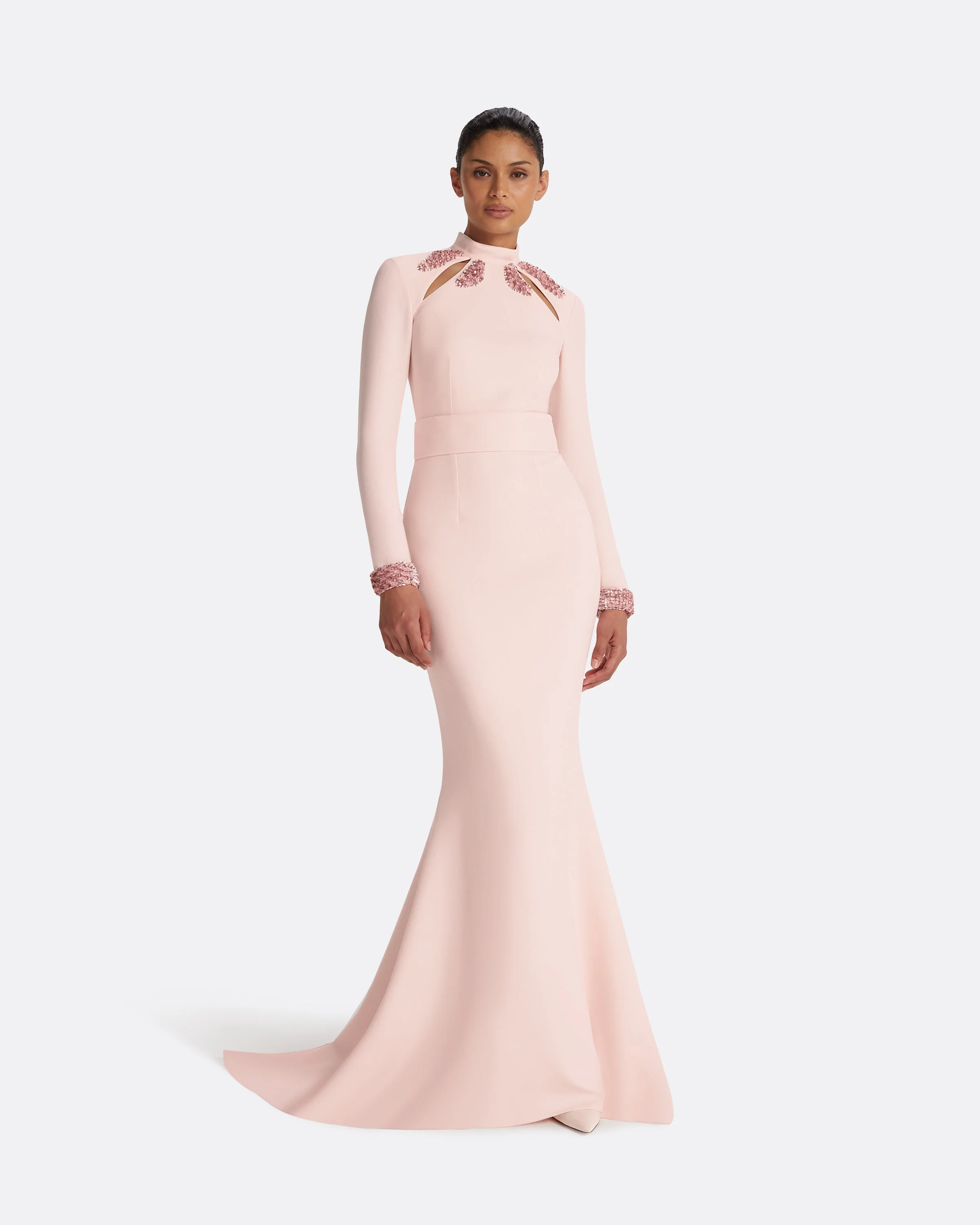 Kamala Pale Pink & Curled Leaf Embroidery Long Dress
