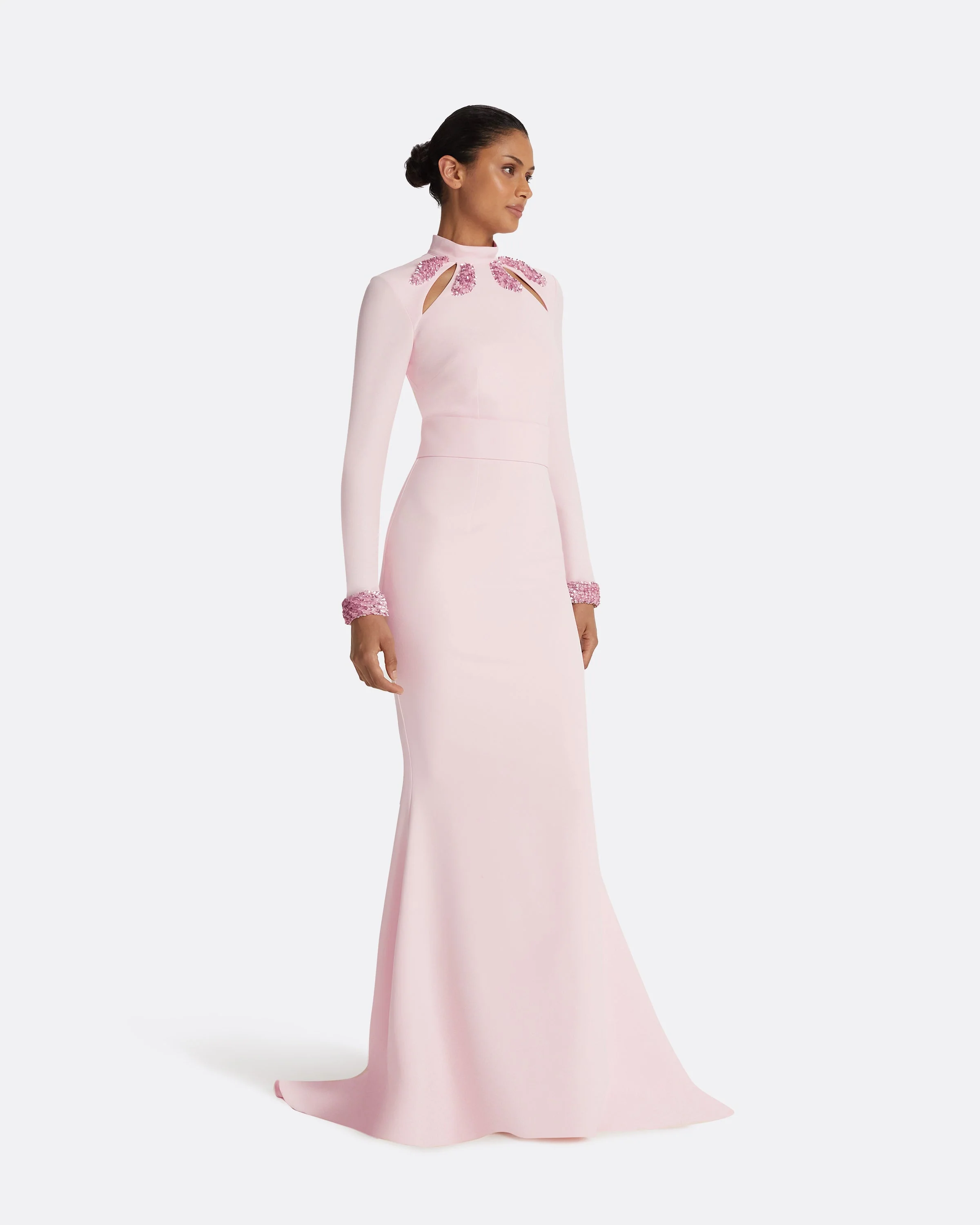 Kamala Pale Pink & Curled Leaf Embroidery Long Dress - Image 14