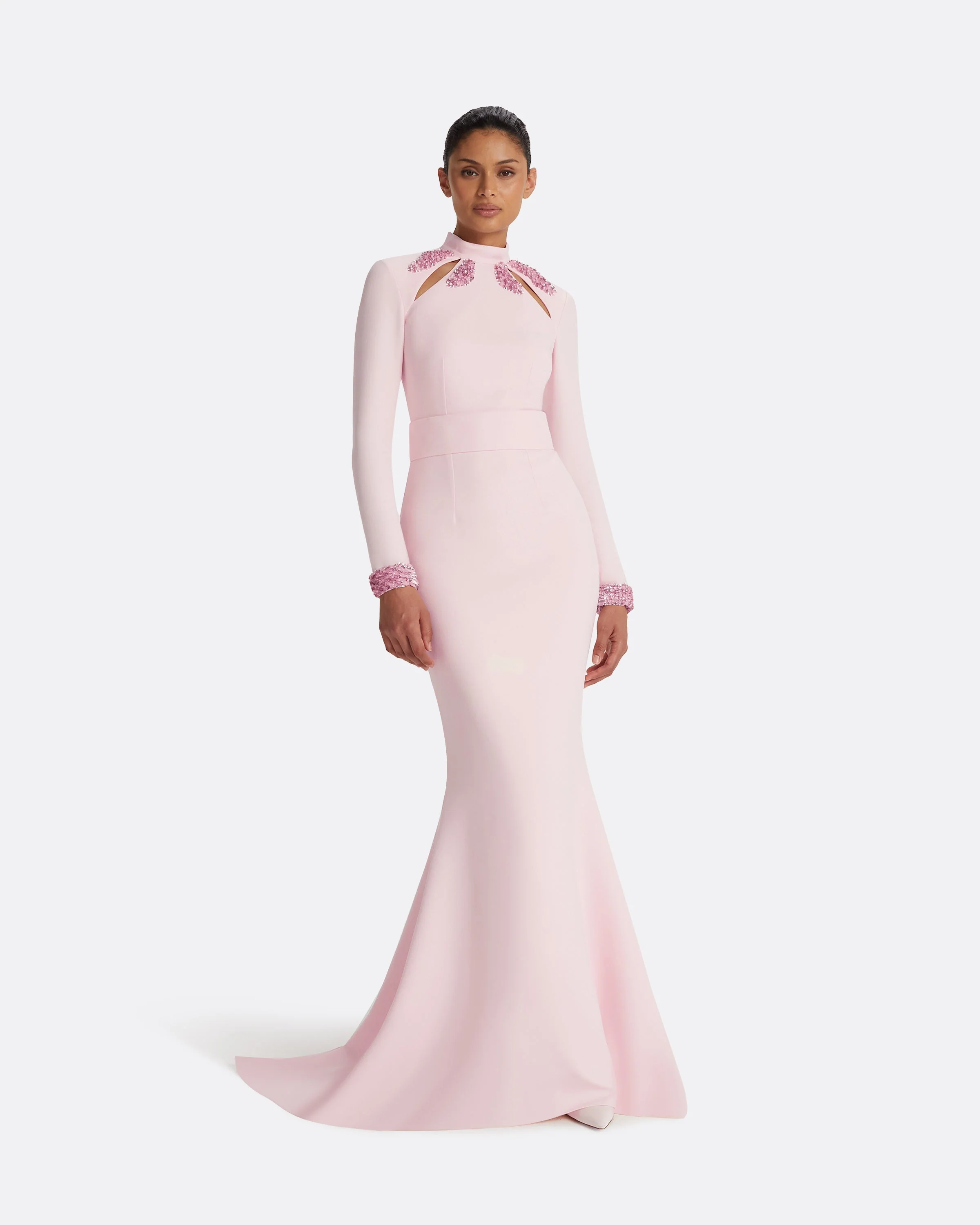 Kamala Pale Pink & Curled Leaf Embroidery Long Dress - Image 16