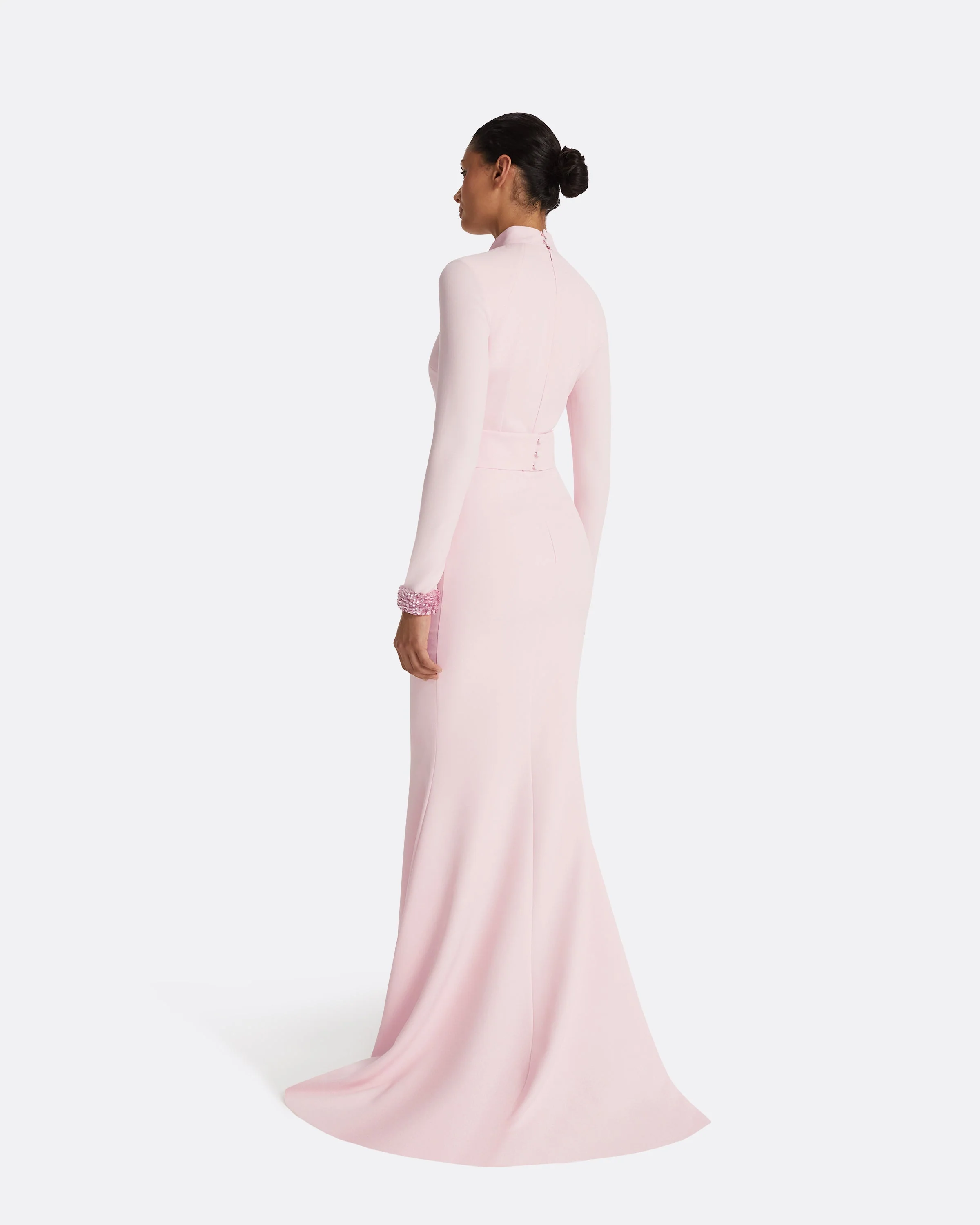 Kamala Pale Pink & Curled Leaf Embroidery Long Dress - Image 17