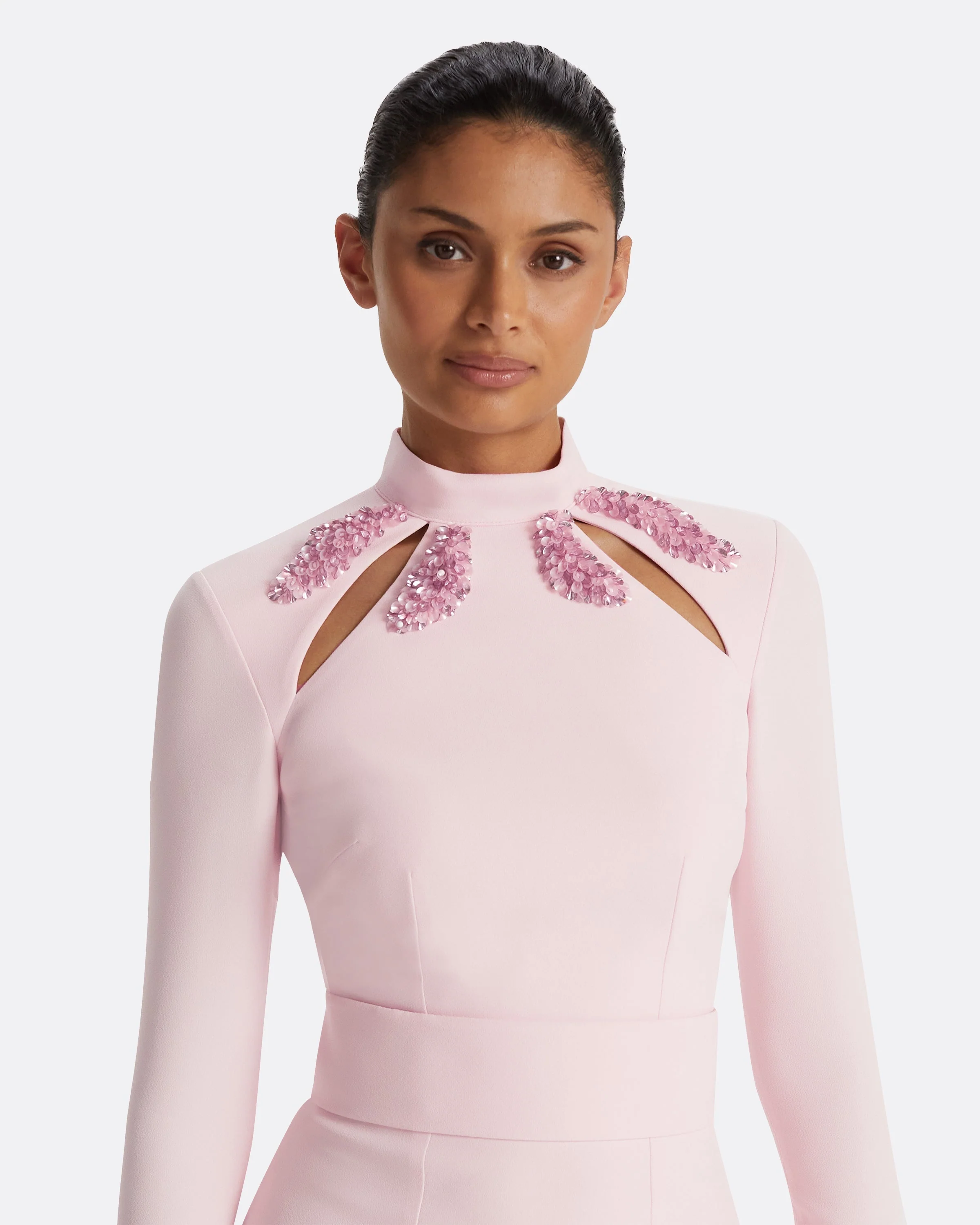 Kamala Pale Pink & Curled Leaf Embroidery Long Dress - Image 18