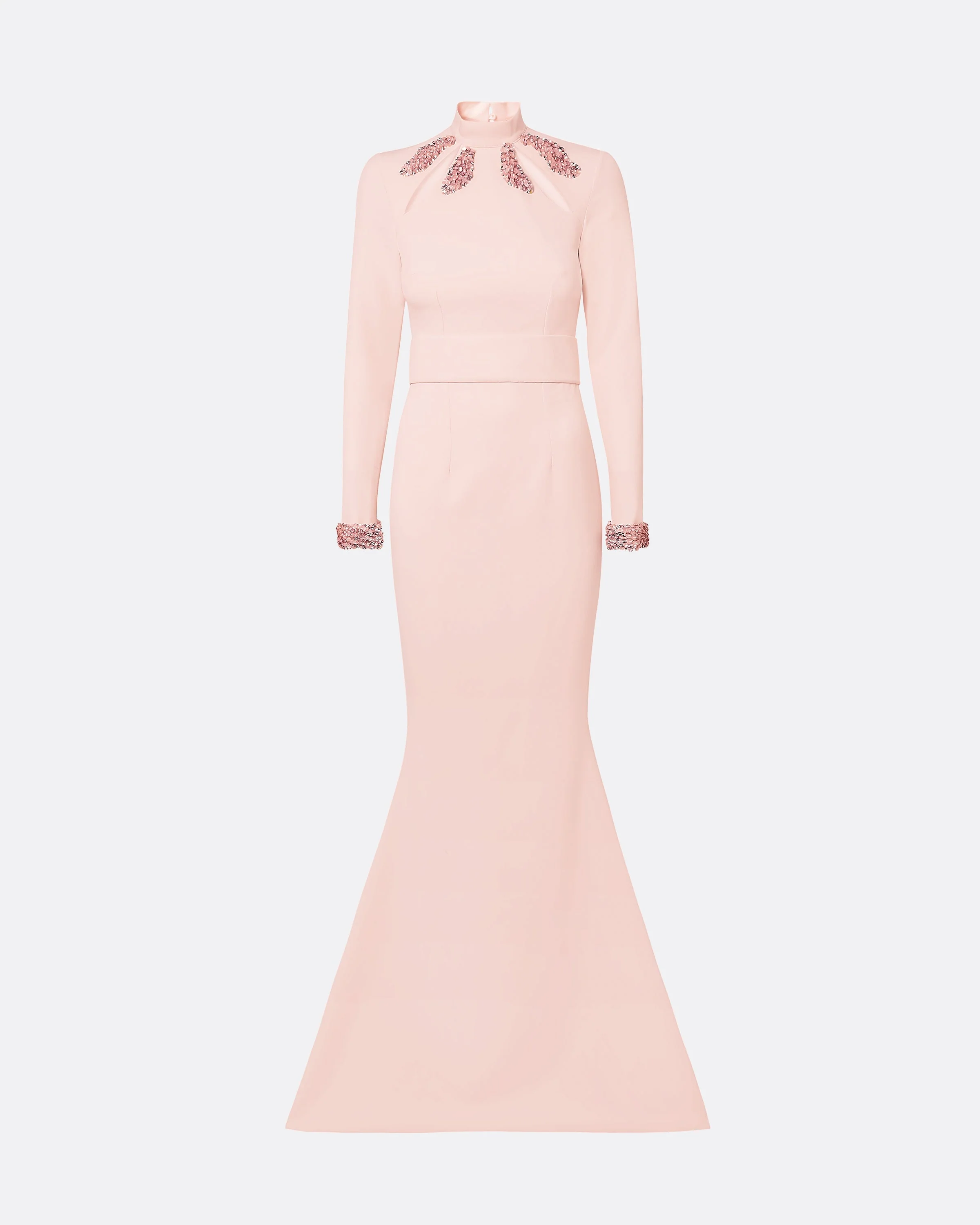 Kamala Pale Pink & Curled Leaf Embroidery Long Dress - Image 5