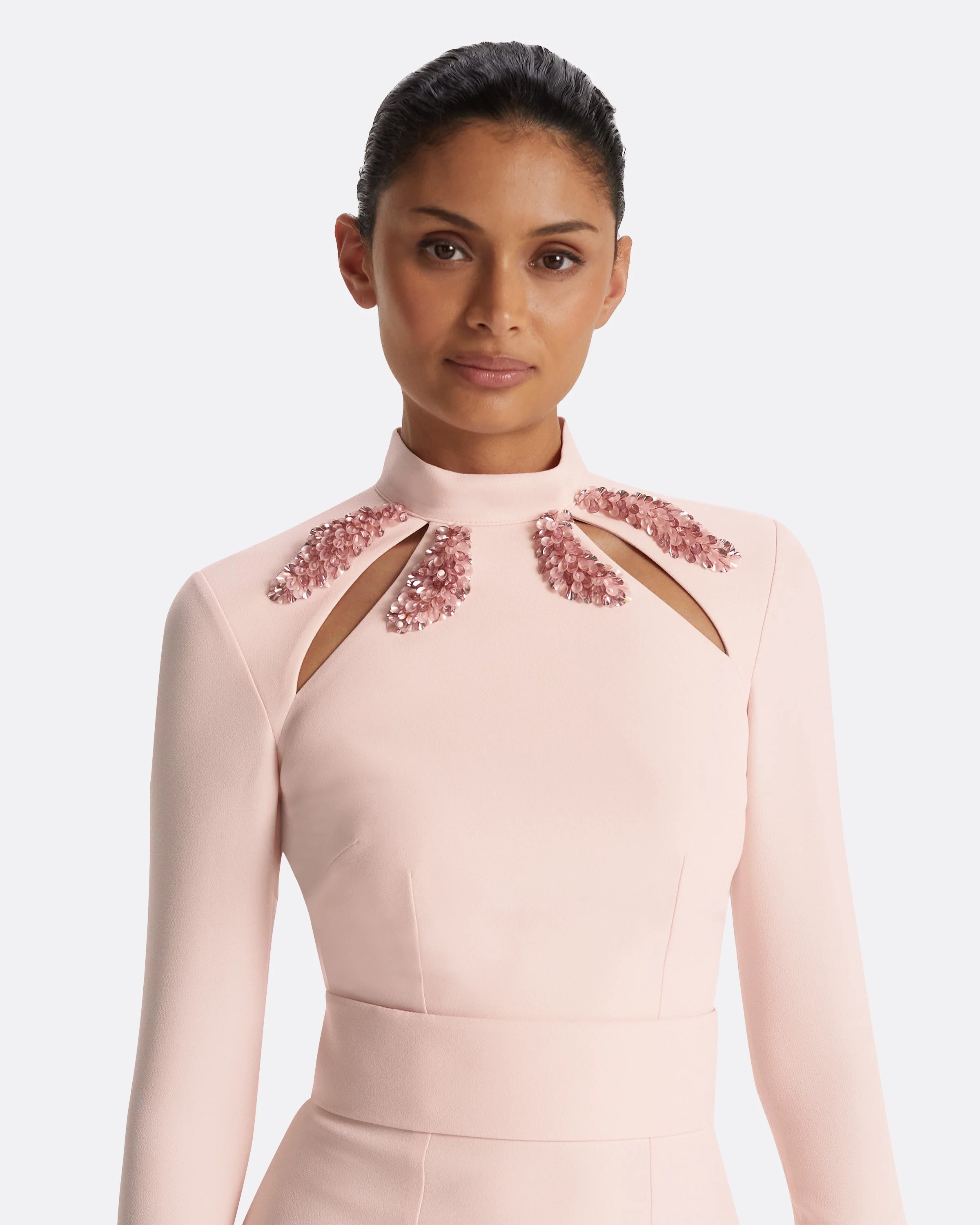 Kamala Pale Pink & Curled Leaf Embroidery Long Dress - Image 8