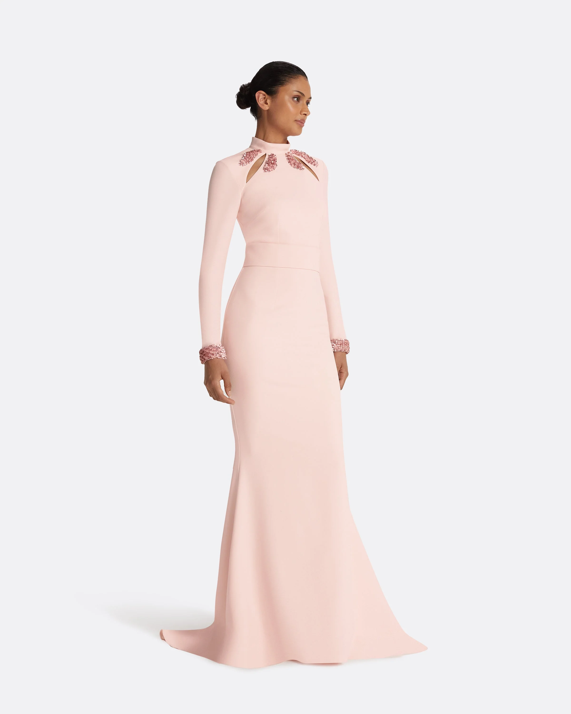 Kamala Pale Pink & Curled Leaf Embroidery Long Dress - Image 9
