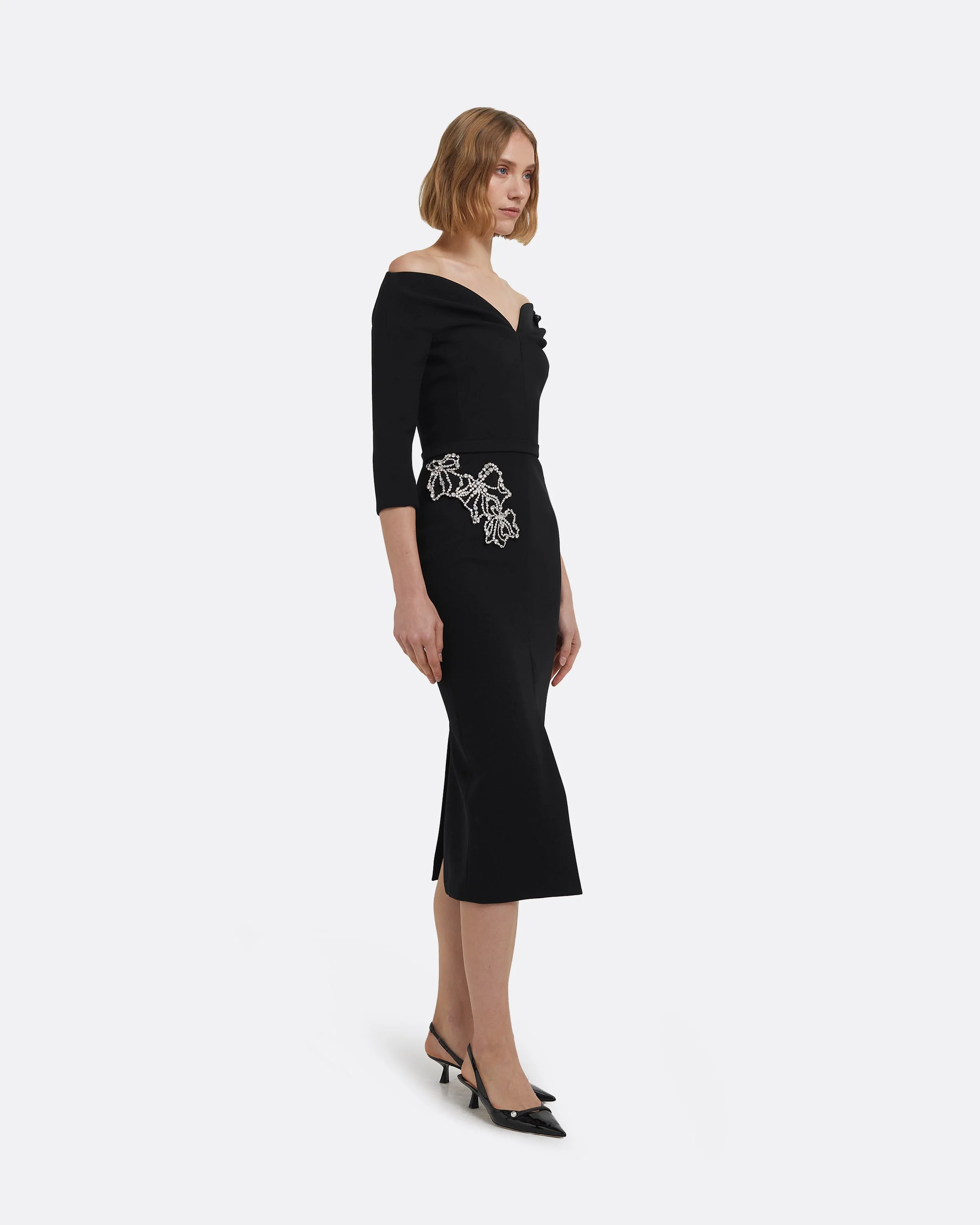 Linda Midi Dress in Black with Crystal Embellishments - Image 9