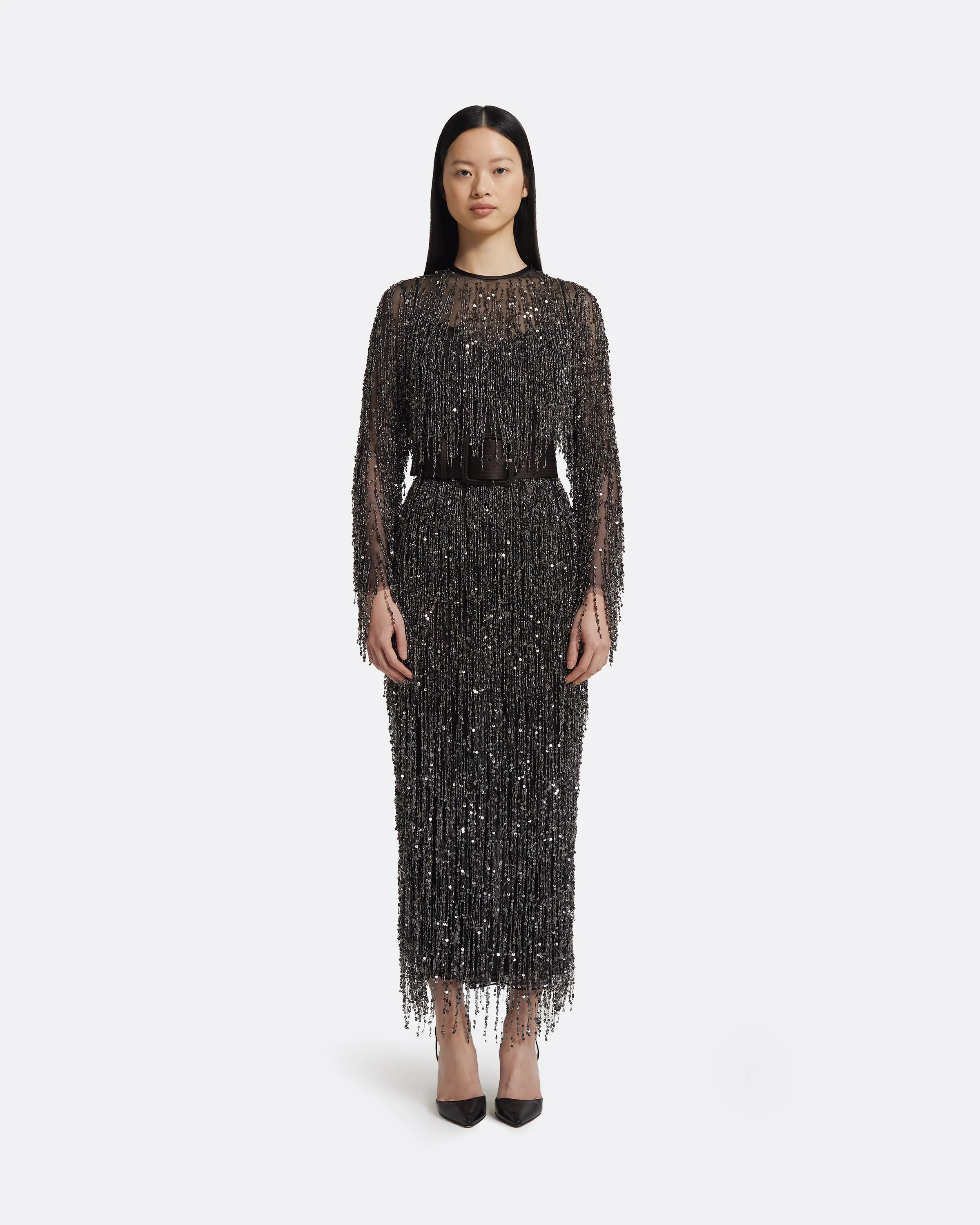 Lyran Midi Dress in Peat Brown on Black with Gunmetal