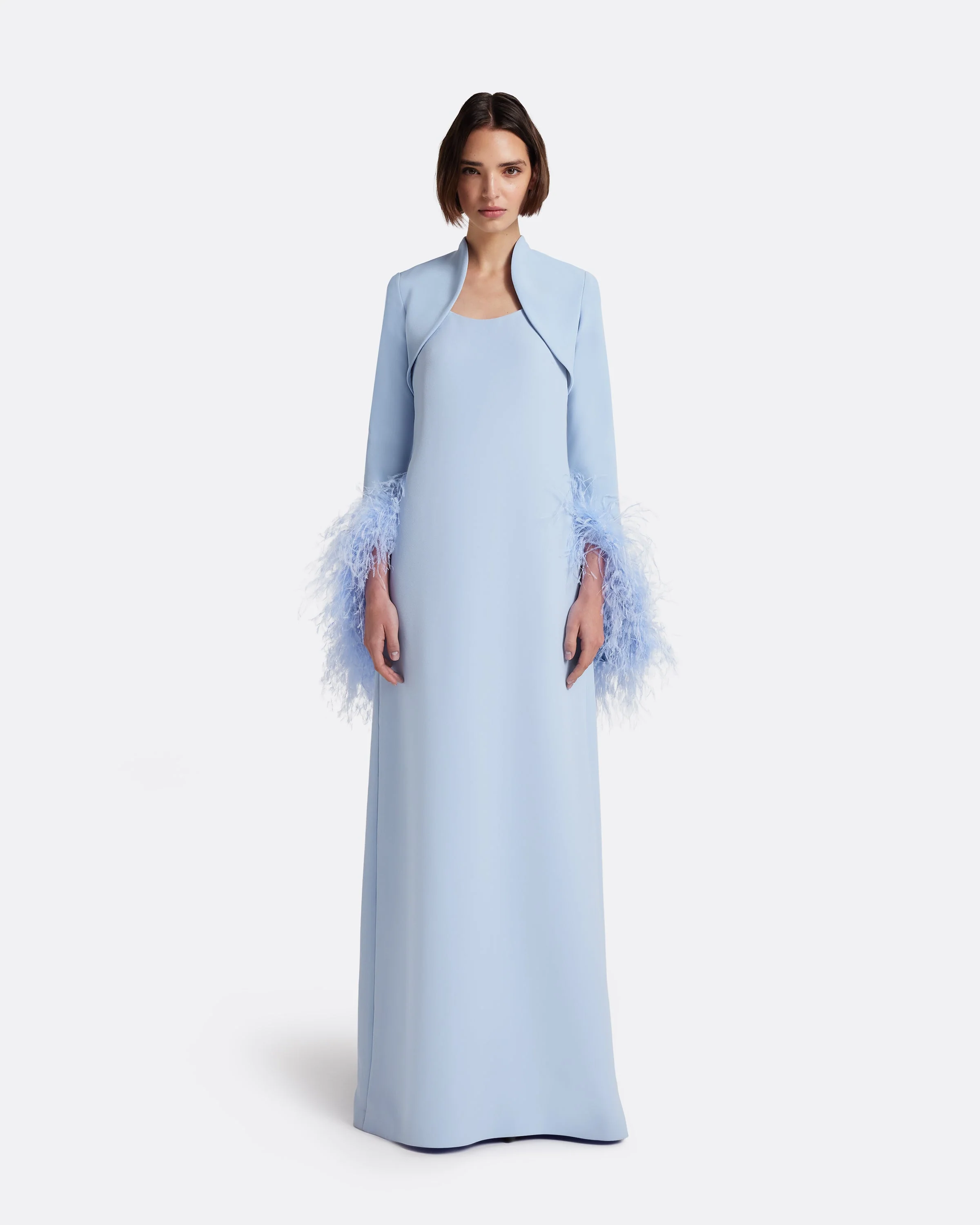 Elise Harness with Maddison Long Dress in Soft Sky with Feathers