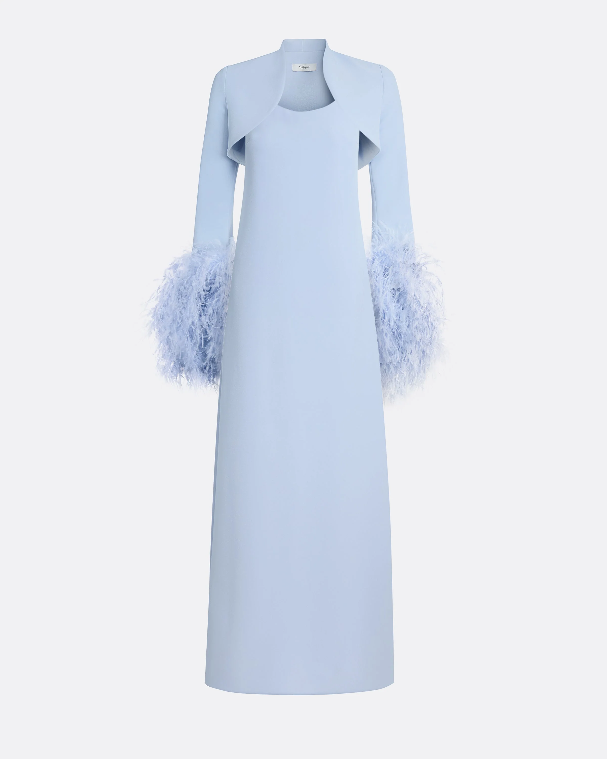 Elise Harness with Maddison Long Dress in Soft Sky with Feathers - Image 5