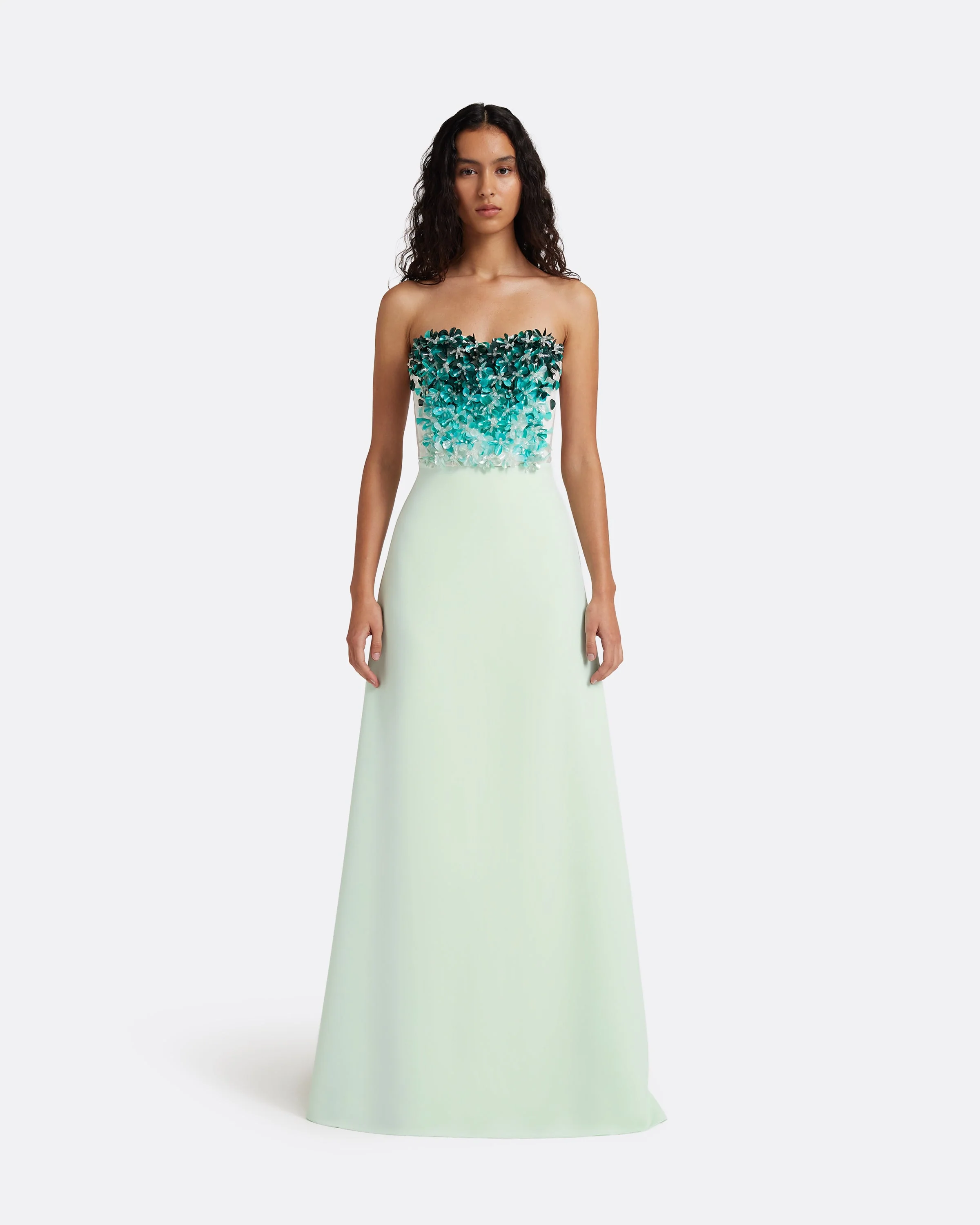 Siena Long Dress in Sea Glass with Blue Embroidery