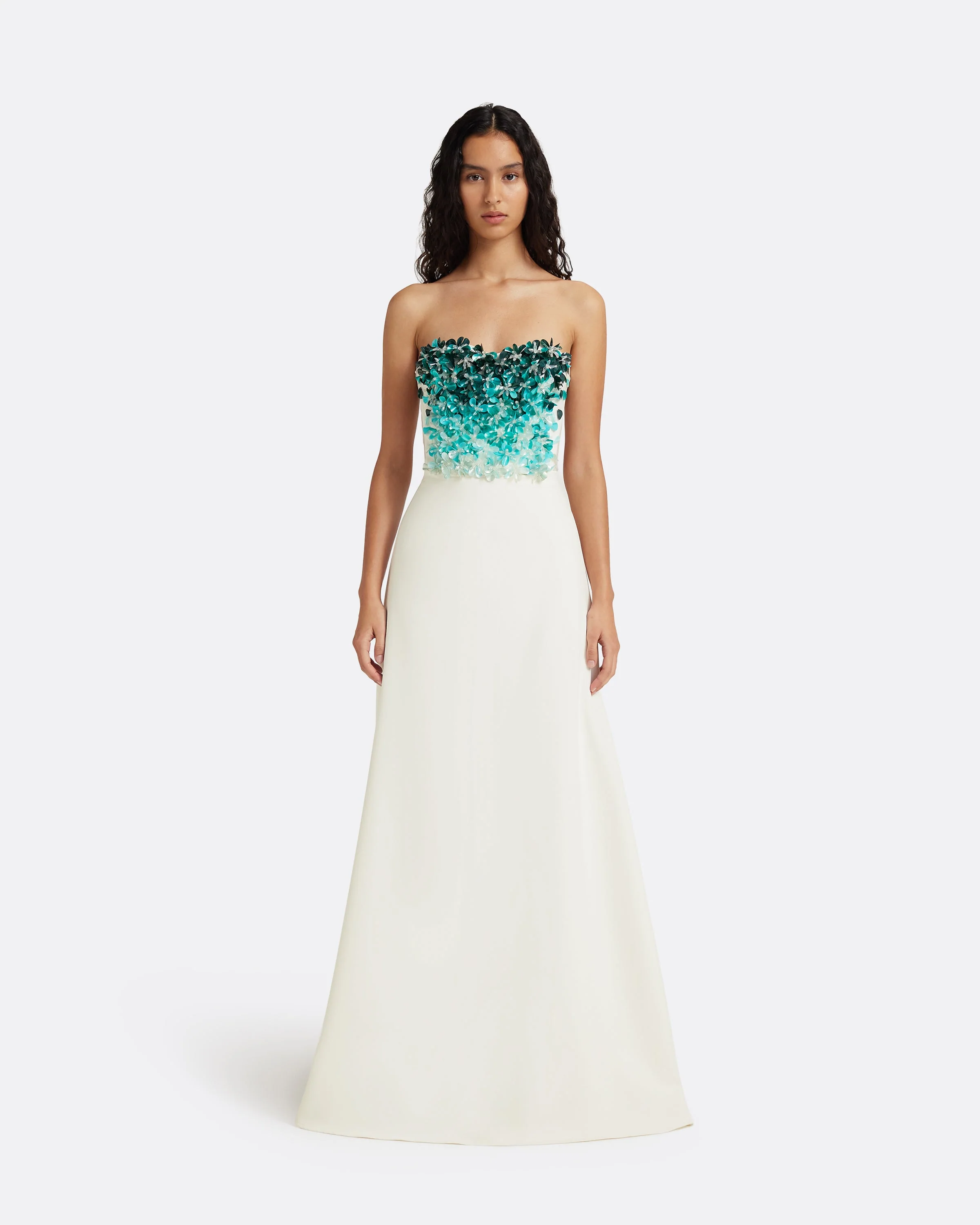 Siena Long Dress in Ivory with Blue Embroidery