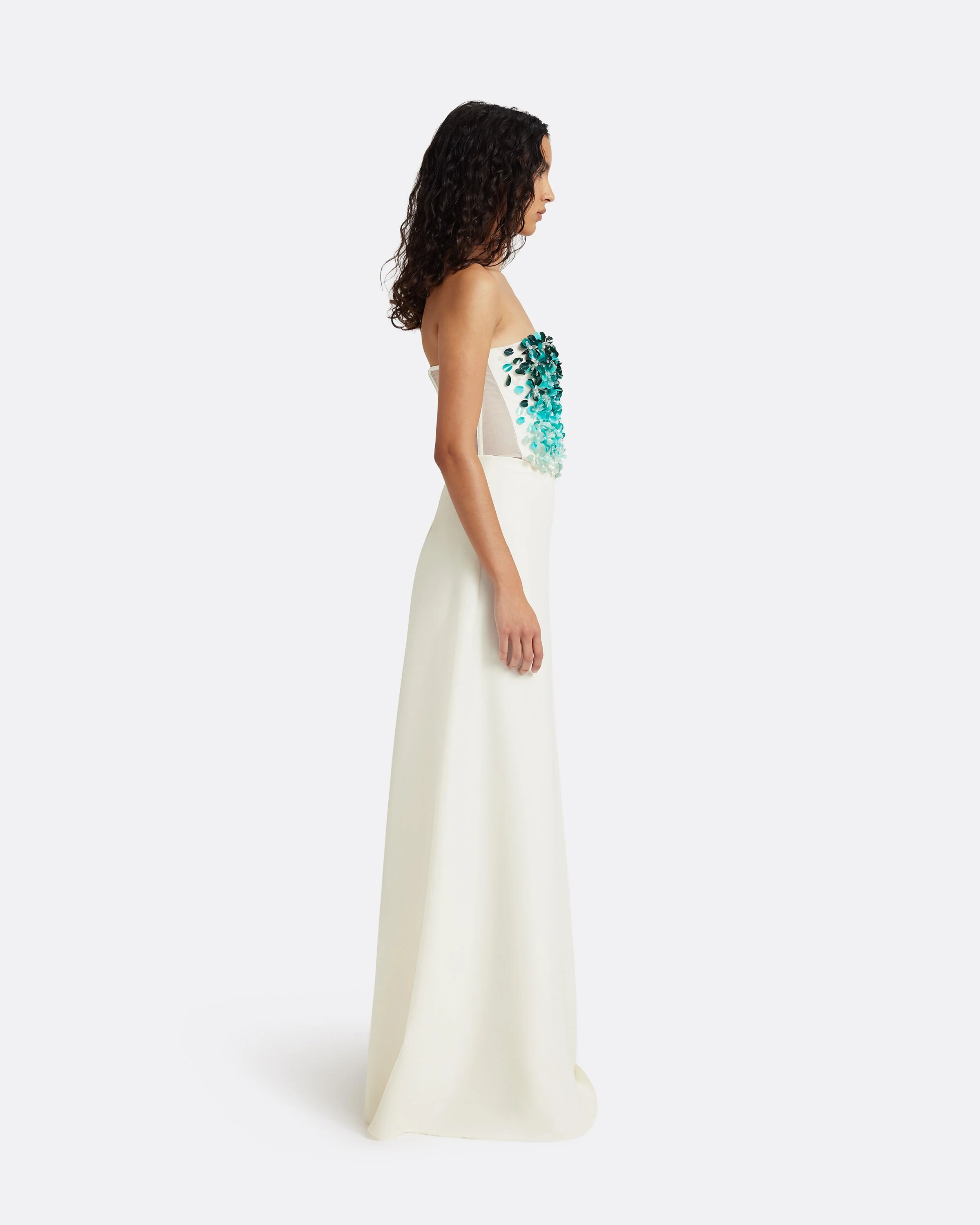 Siena Long Dress in Ivory with Blue Embroidery - Image 4