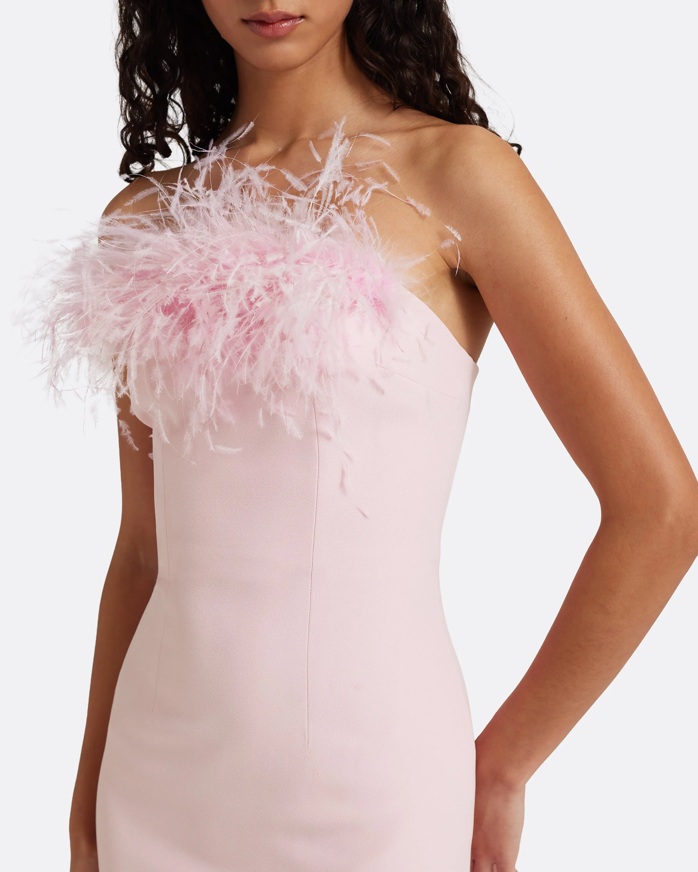 Soshin Long Dress in Lychee with Feathers - Image 3