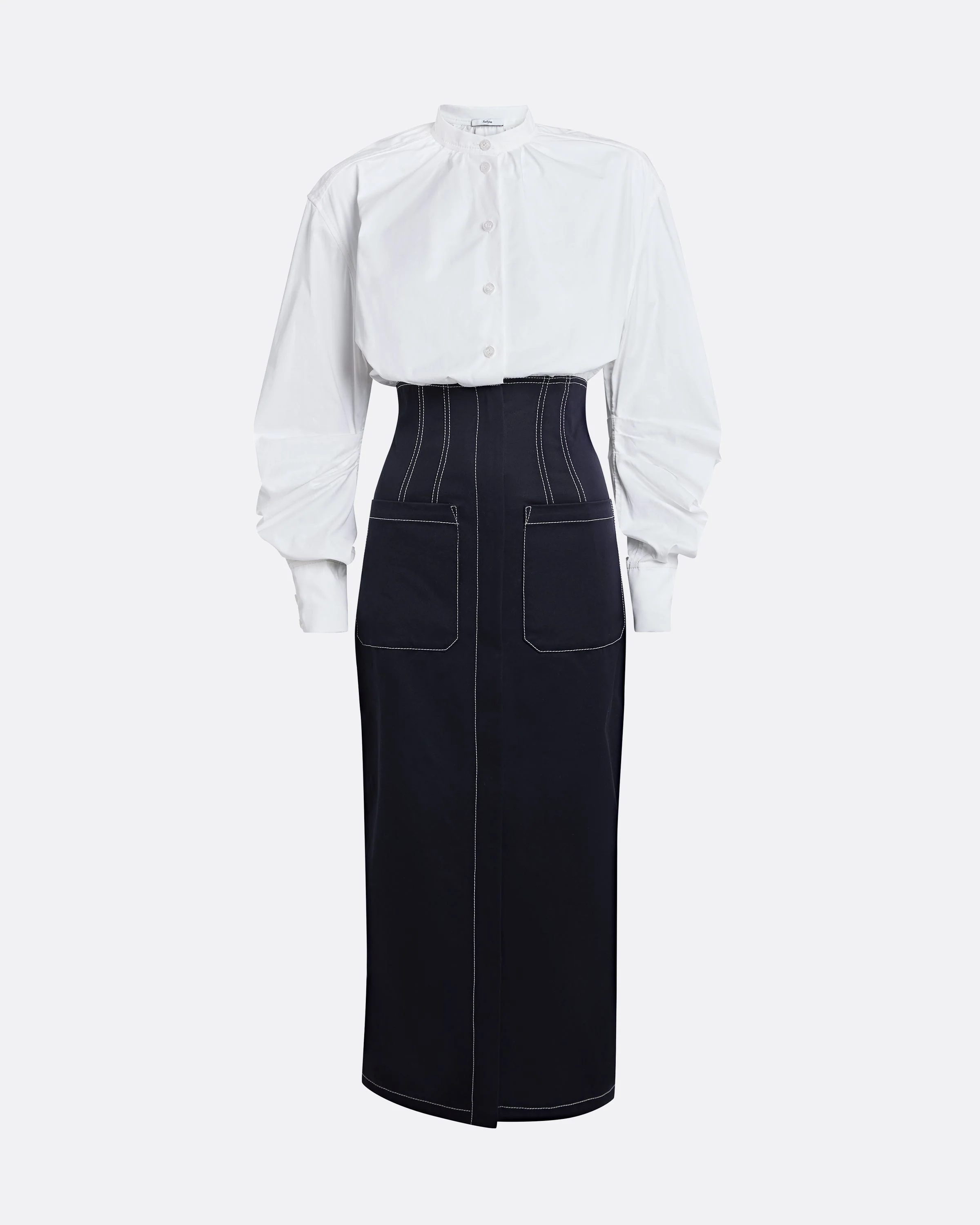 Weatherly Midi Dress in Ivory and Midnight Navy - Image 5
