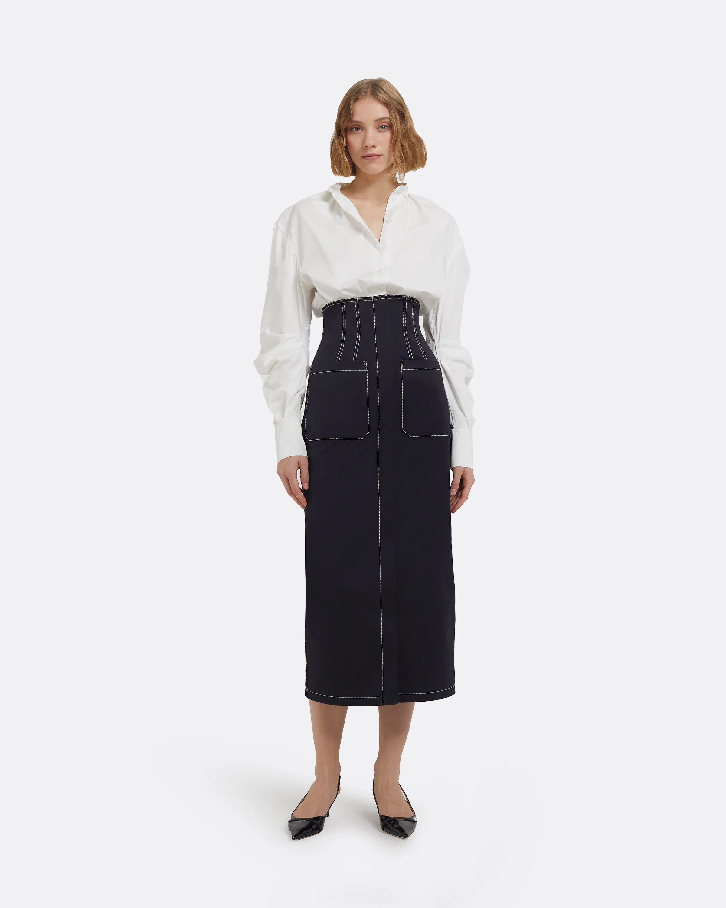 Weatherly Midi Dress in Ivory and Midnight Navy - Image 6