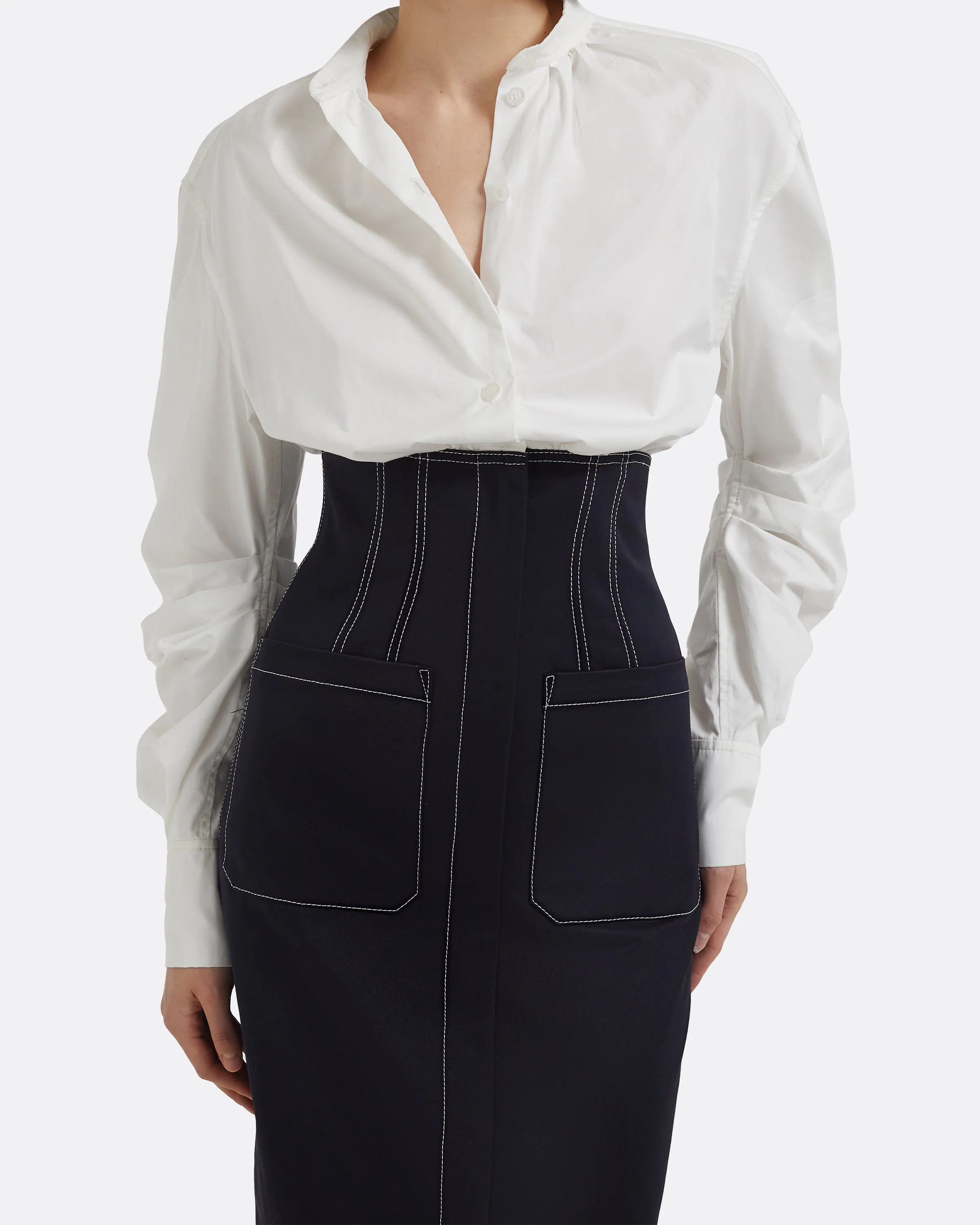 Weatherly Midi Dress in Ivory and Midnight Navy - Image 8