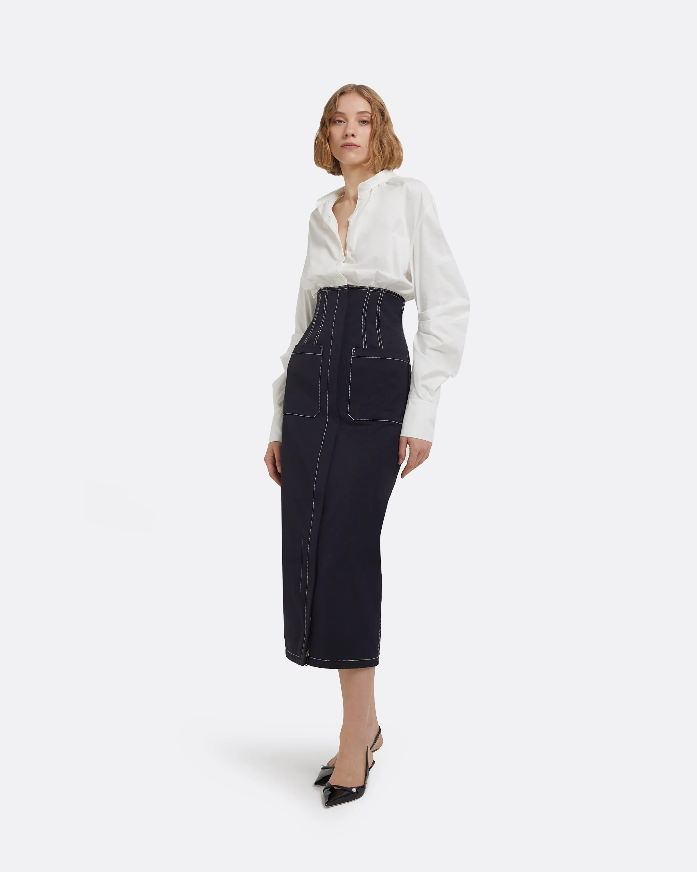 Weatherly Midi Dress in Ivory and Midnight Navy - Image 9